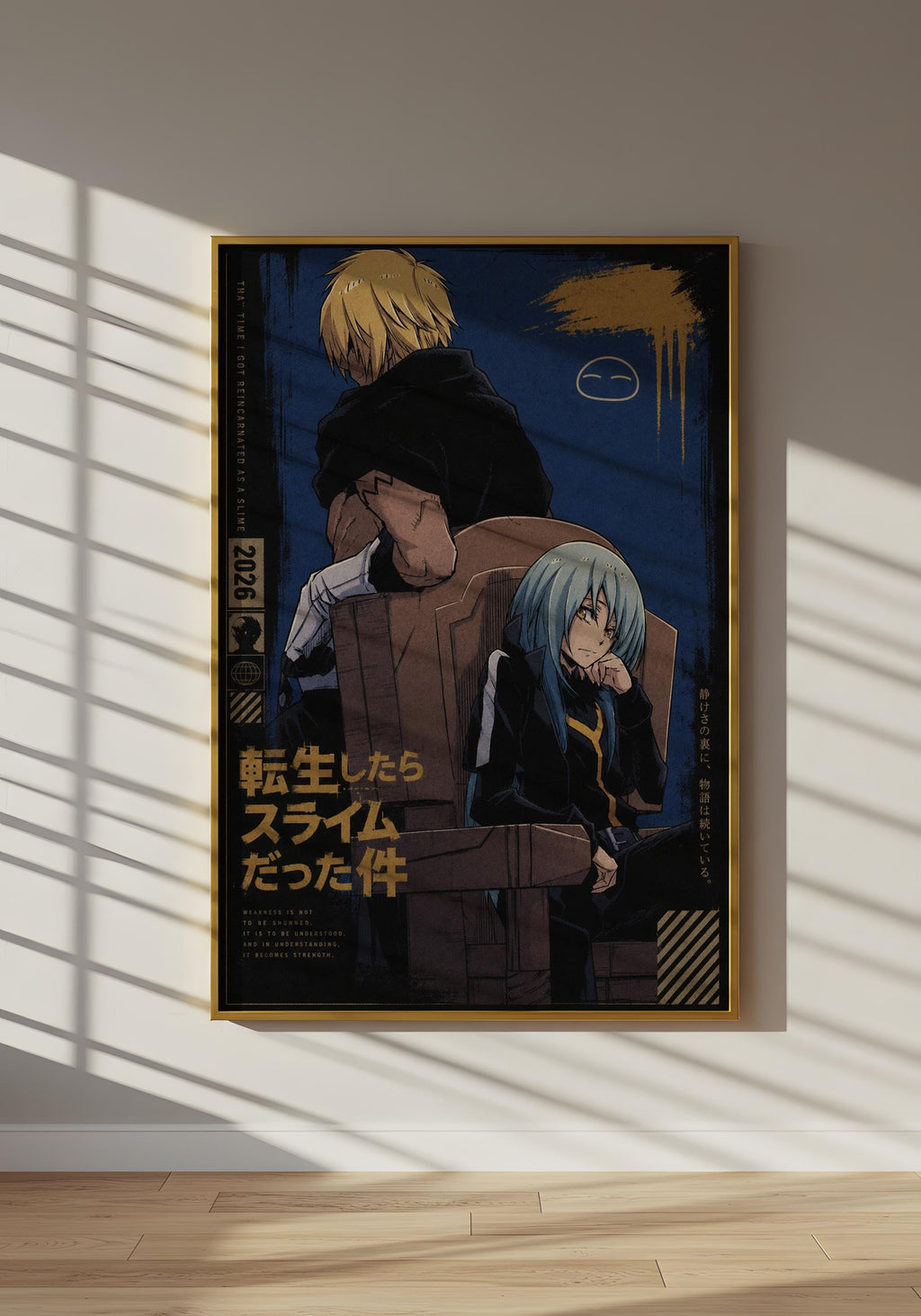 The image is a framed poster featuring two anime characters, one with blonde hair and the other with blue hair, sitting in a chair against a dark background.