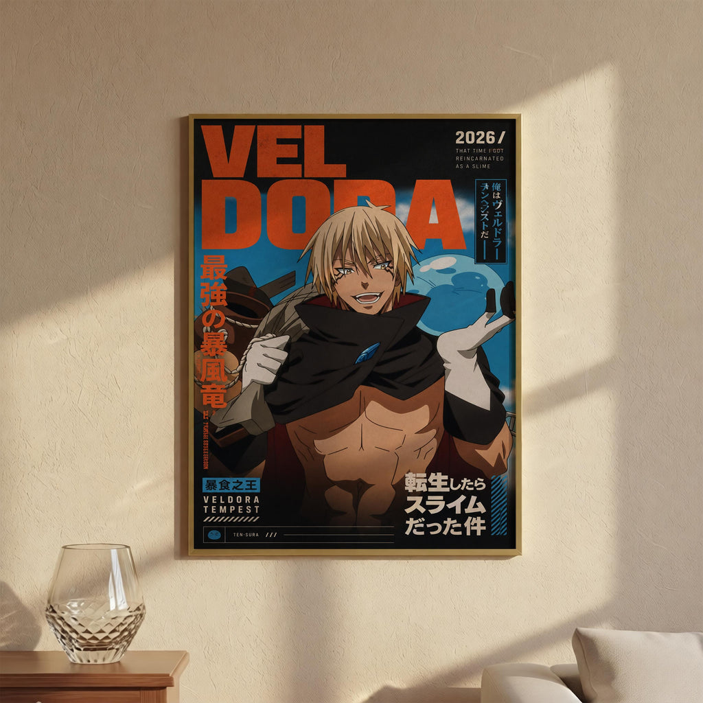 The image is a framed poster featuring an illustration of a character with blonde hair and a muscular build, wearing a black cape. The poster has a predominantly orange and blue color scheme, with some white text and Japanese characters.