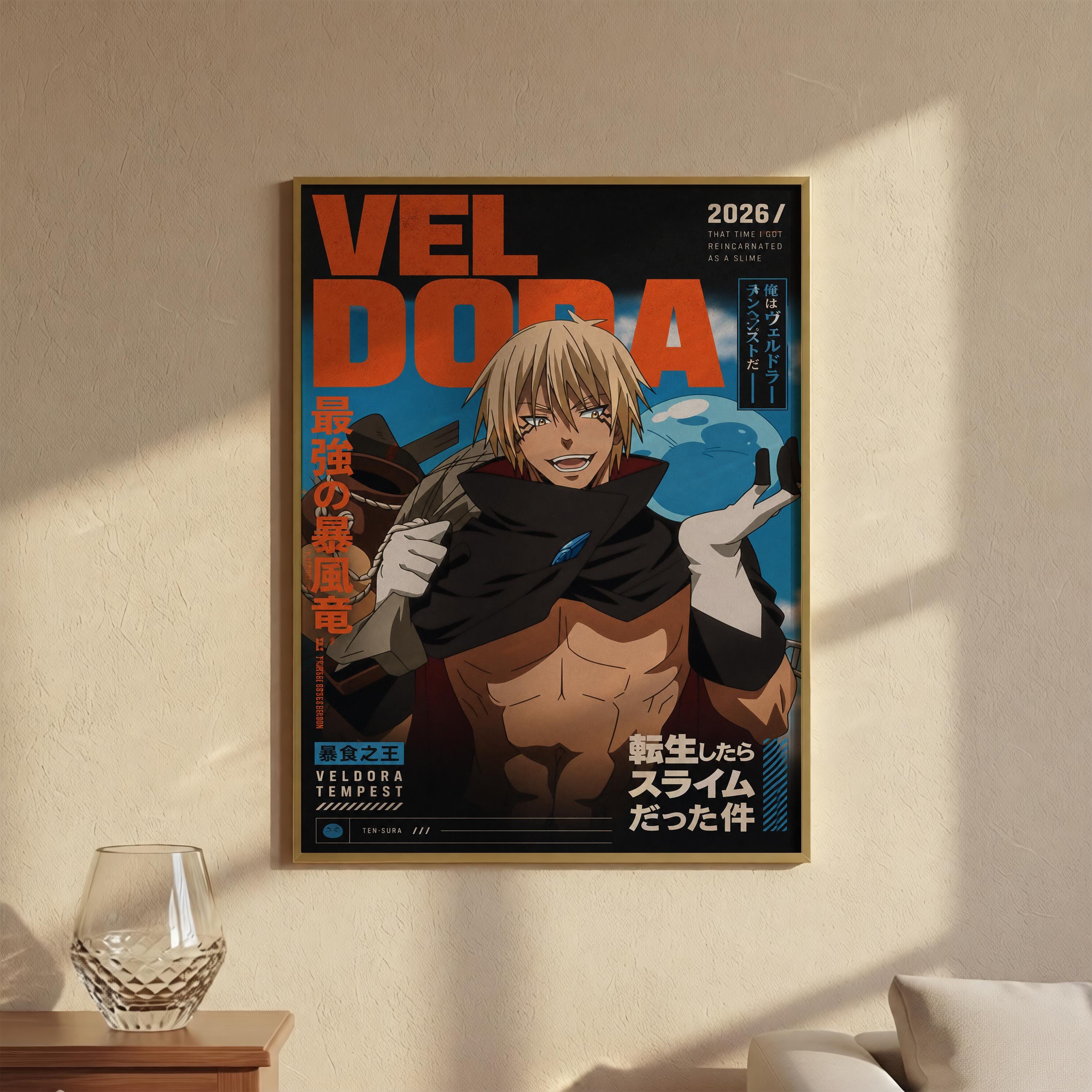 The image is a framed poster featuring an illustration of a character with blonde hair and a muscular build, wearing a black cape. The poster has a predominantly orange and blue color scheme, with some white text and Japanese characters.