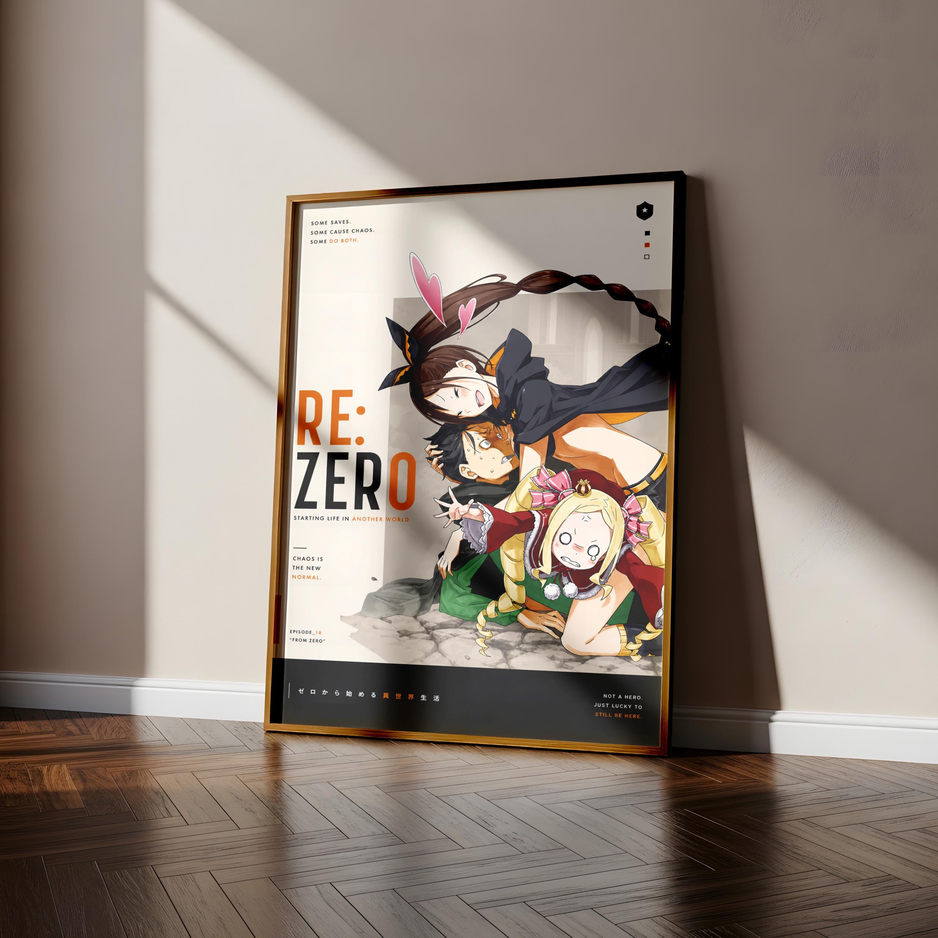 The image is a poster featuring an anime-style illustration of three characters, with a focus on the central character. The poster is displayed on a wall, and the overall layout and design suggest it is a promotional or informational poster related to the anime.