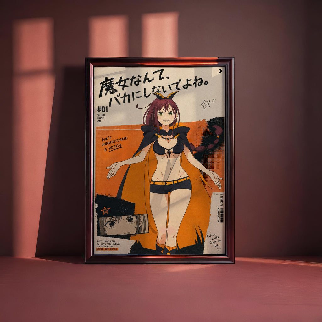 The image is a framed poster featuring an anime-style illustration of a character with a witch-like appearance. The poster has a pinkish-red background and includes text and various elements, such as a star and a crescent moon, which are typical elements in anime artwork. The poster is displayed on a wooden surface, and the overall composition suggests it is a piece of art or a poster.