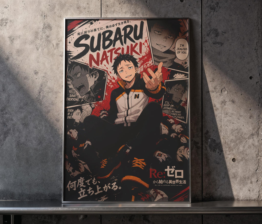 The image is a poster featuring an anime character, Subaru Natsuaki, surrounded by various other characters and elements. The poster has a dark and dramatic color scheme with bold text and imagery.