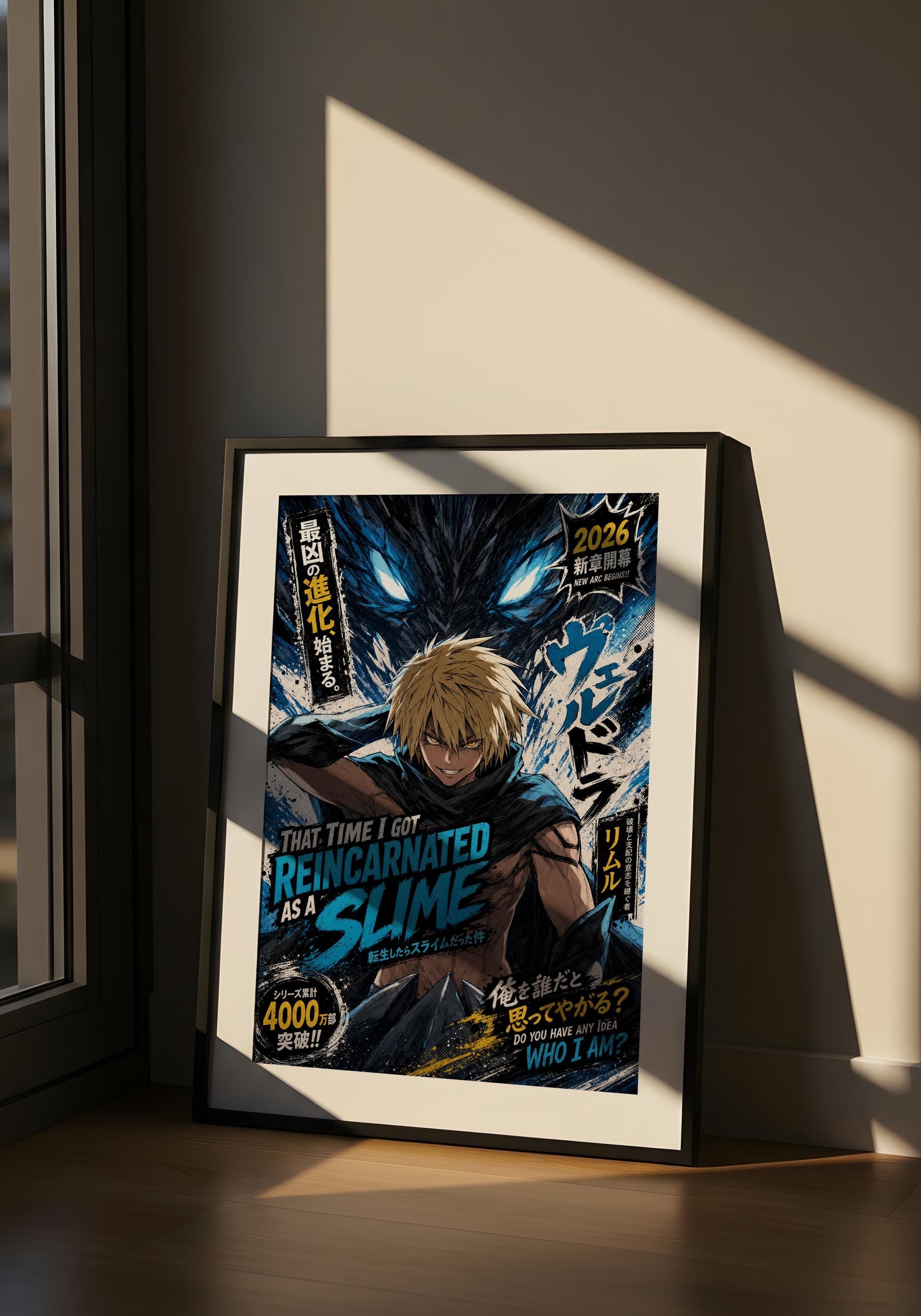 The image is a poster featuring a character with a large, glowing blue eye, surrounded by a dark, ominous background. The poster has a lot of text and imagery, including the words "Reincarnated", "As a", "Slime", " 4000+", "Do you want to know more?", and "Who am I?". The poster is displayed on a wall, and there is a window in the background.