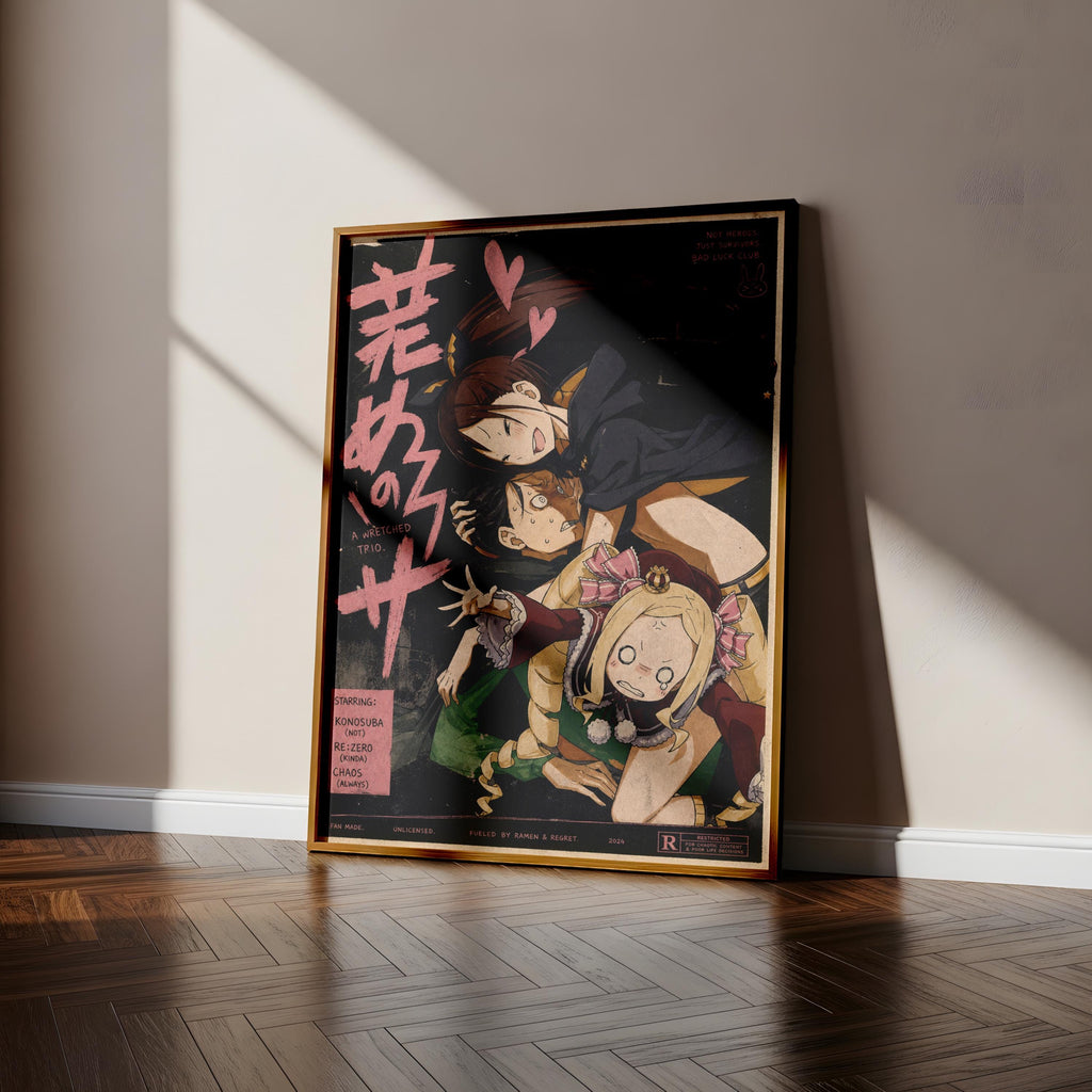 The image is a framed poster featuring an illustration of three cartoon characters, with a dark background and pink text.