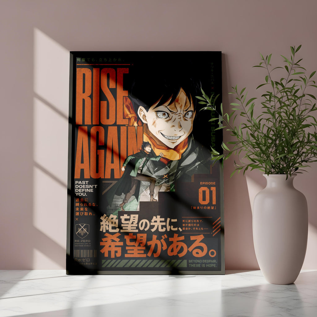 a poster with a character on it, placed on a table next to a white vase with a plant.