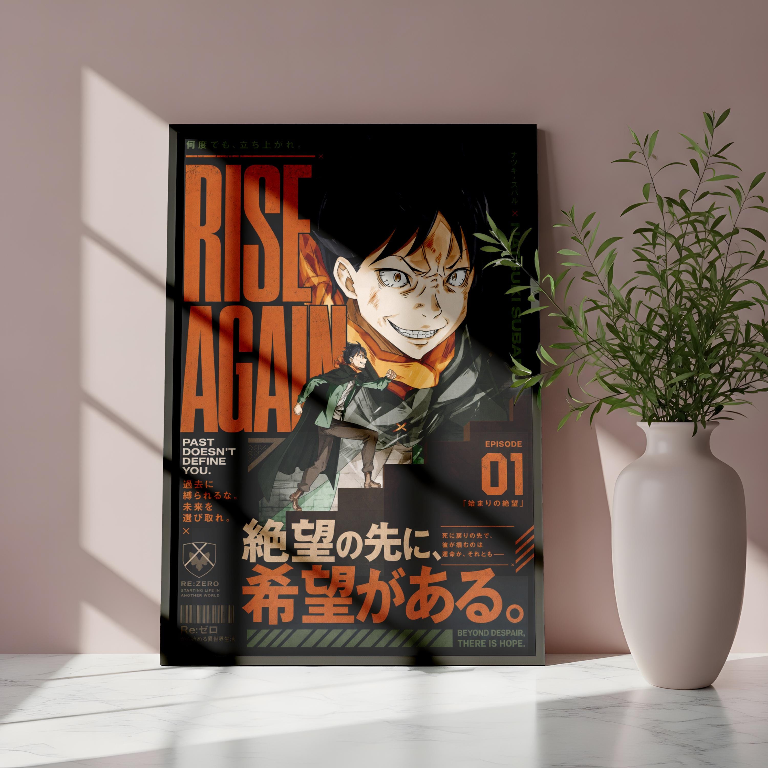 a poster with a character on it, placed on a table next to a white vase with a plant.