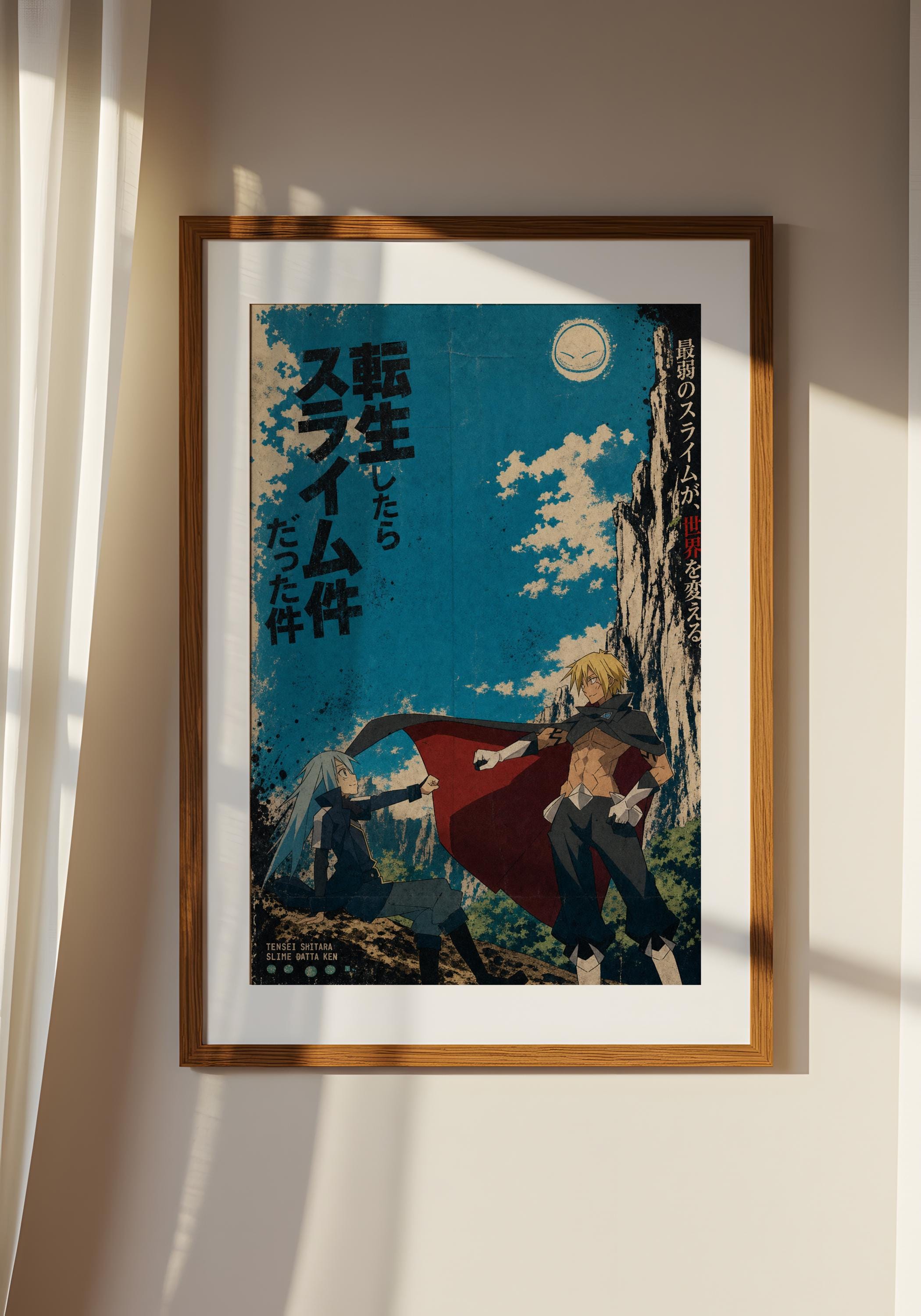 The image is a framed poster with a blue background and a red cape, depicting a scene with two people. The poster has Japanese text on it, which is not transcribed here as it is not within the scope of this service.