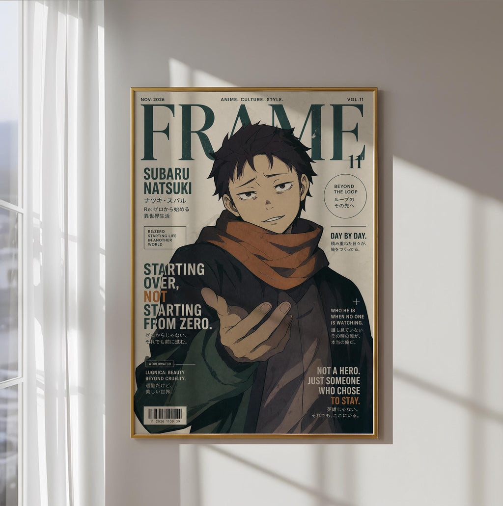 The image is a framed poster featuring an illustration of a young man with a serious expression. The poster has text and graphics related to the anime series "FRAME 11".