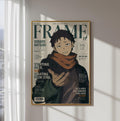 The image is a framed poster featuring an illustration of a young man with a serious expression. The poster has text and graphics related to the anime series "FRAME 11".