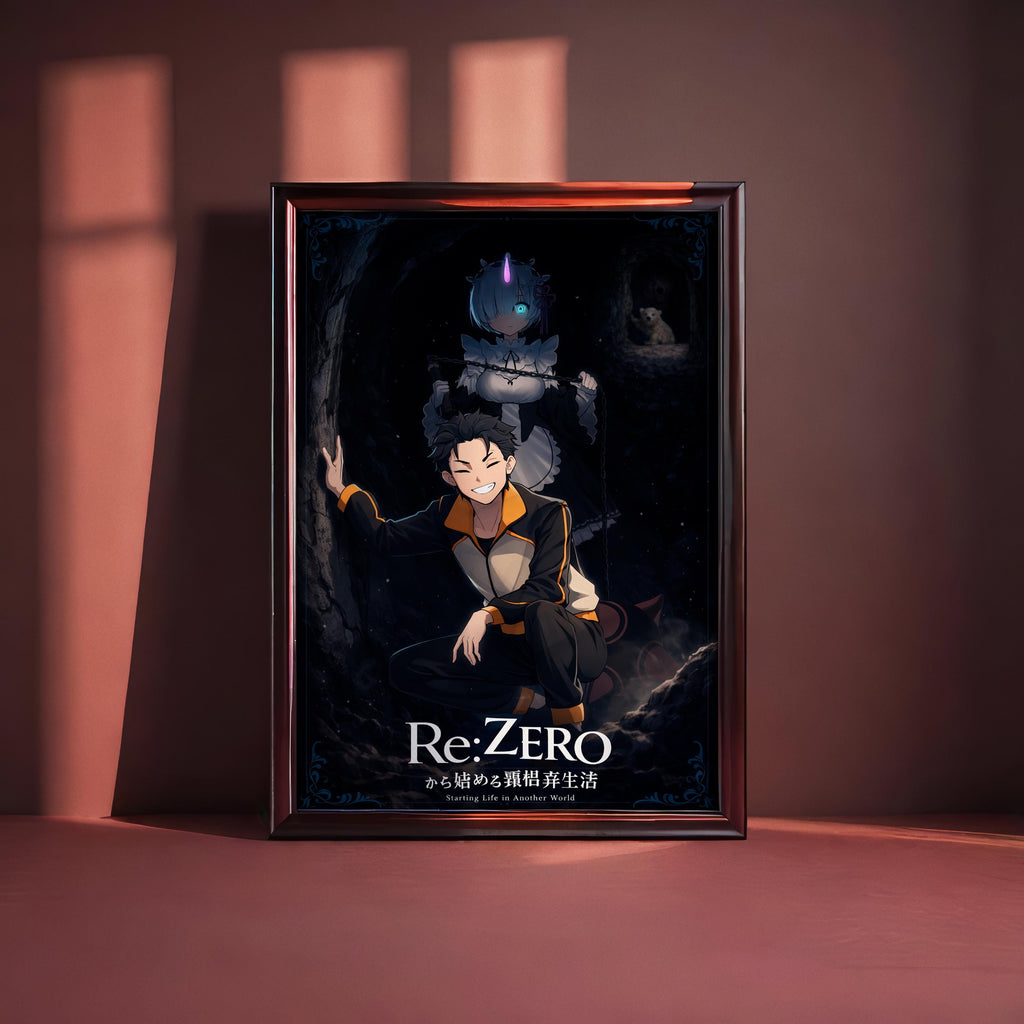The image is a framed poster featuring an illustration of a character with a robot-like figure in the background. The poster has a dark, moody color scheme and includes text that appears to be in Japanese.