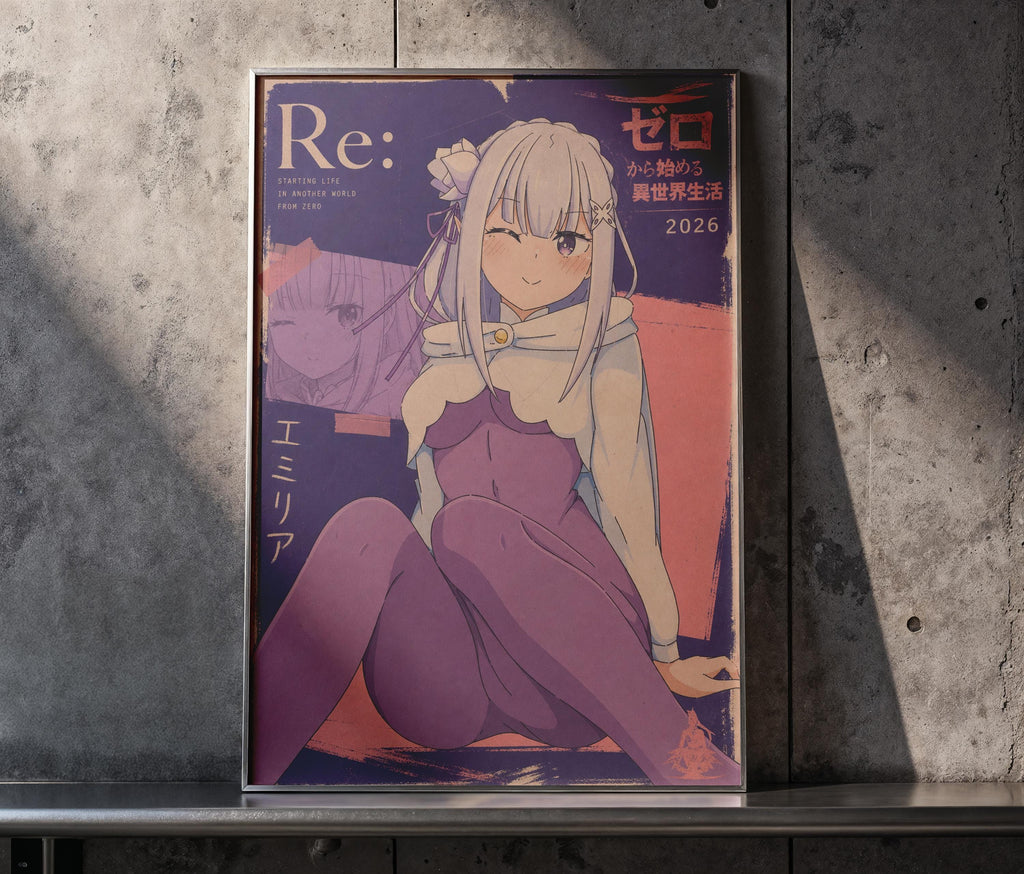The image is a framed poster featuring an anime-style illustration of a young woman with long hair and a flower in her hair. The poster has a purple and pink color scheme and includes Japanese text.