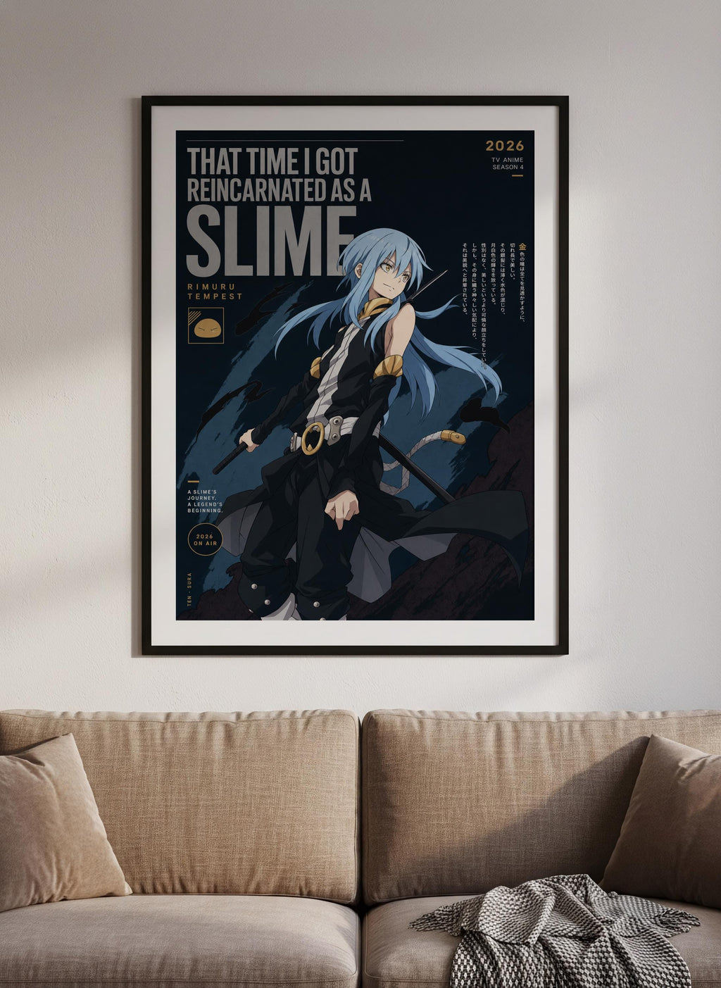 The image is a framed poster featuring an anime character with blue hair and a black outfit, standing in a dramatic pose.