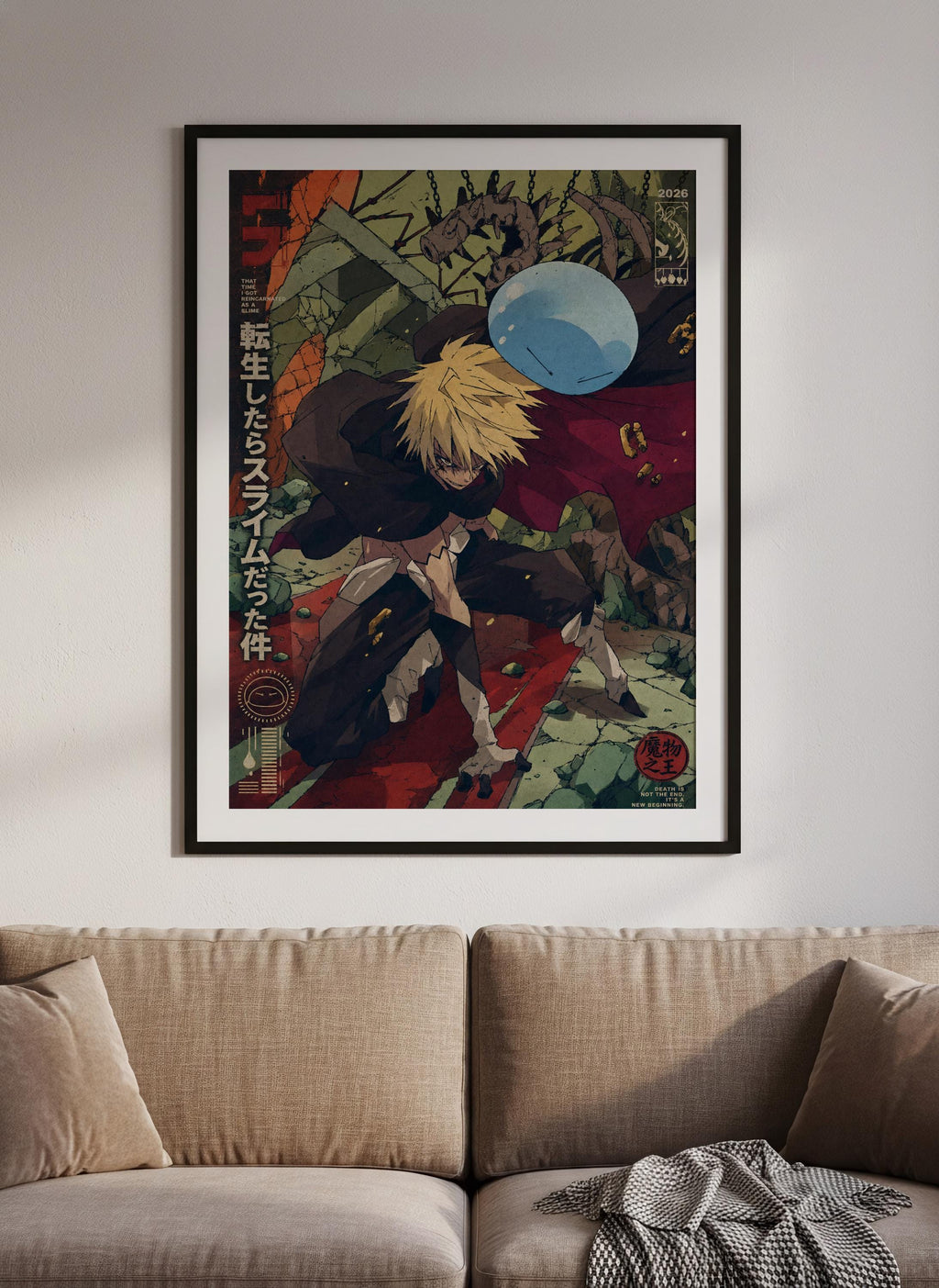 The image is a framed poster hanging on a wall, depicting an anime-style character with a blue bubble in the background.