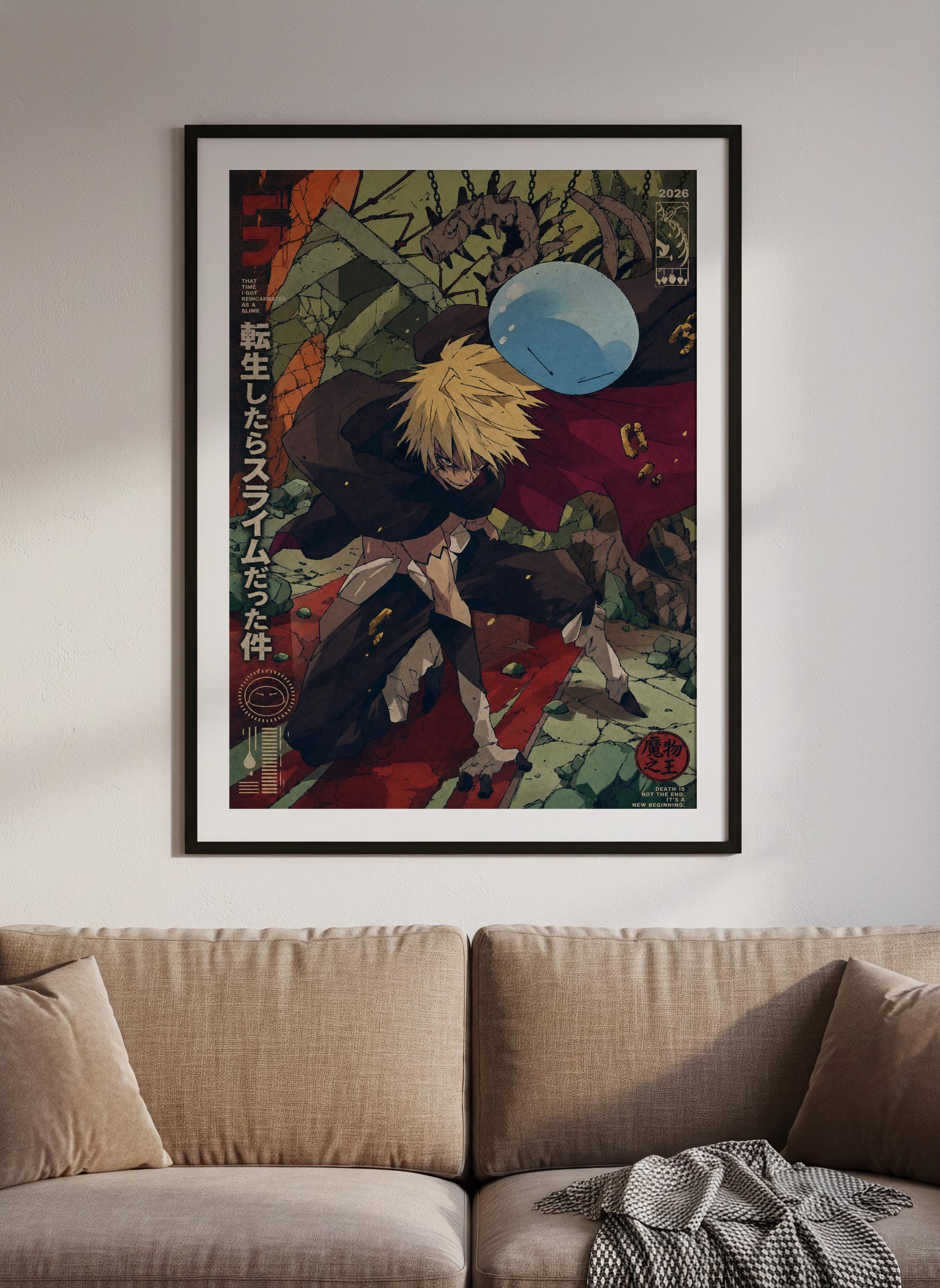 The image is a framed poster hanging on a wall, depicting an anime-style character with a blue bubble in the background.