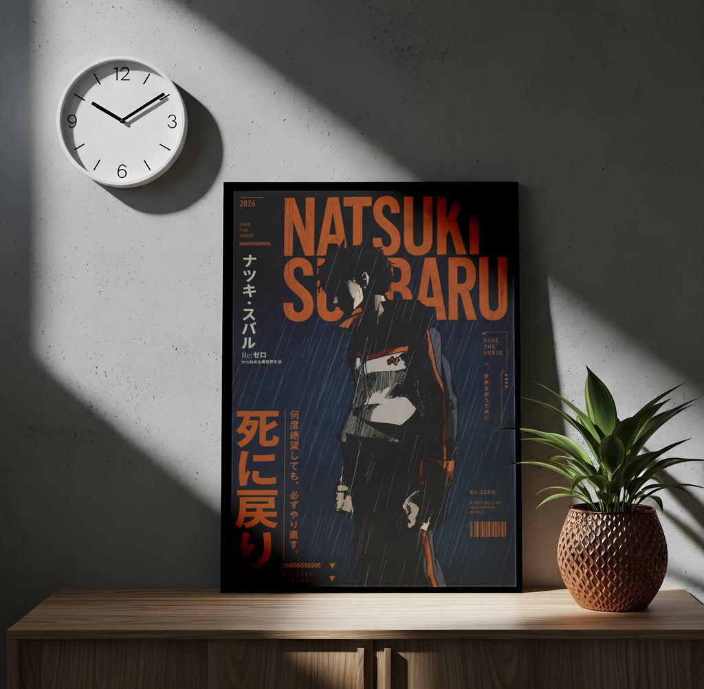 a poster of a character named Natsu Scaru, which is displayed on a wooden shelf next to a potted plant.