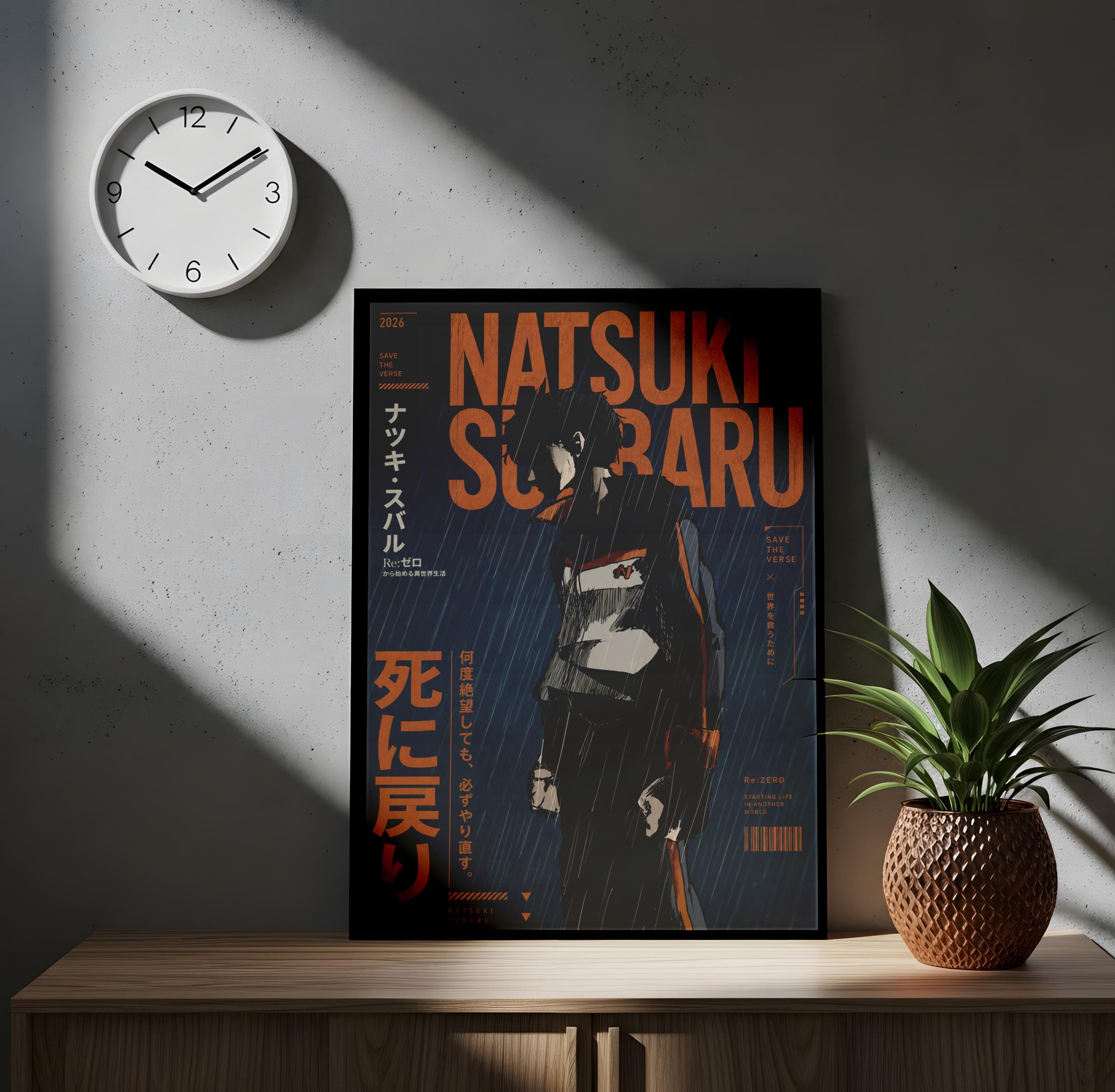 a poster of a character named Natsu Scaru, which is displayed on a wooden shelf next to a potted plant.