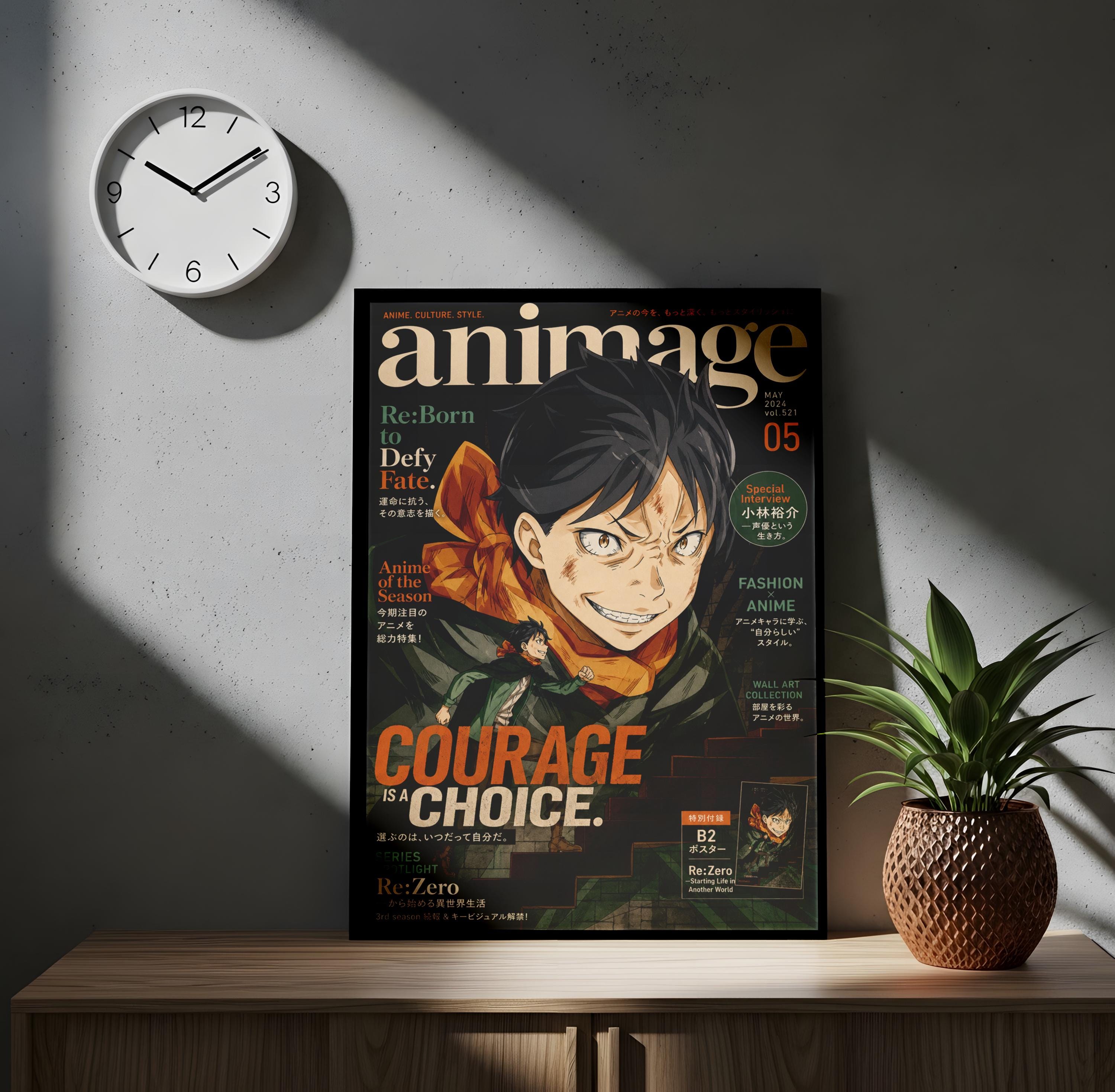 a poster of an anime magazine cover with a man's face, a clock on the wall, and a potted plant on a wooden surface.
