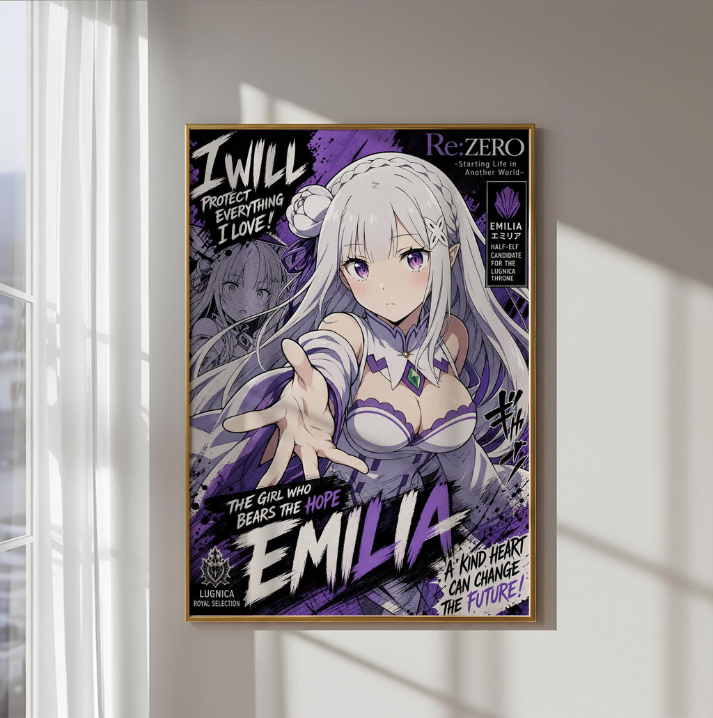 The image is a poster featuring an anime-style illustration of a young woman with long, white hair and a purple outfit. The poster has a dark, dramatic color scheme with purple and black accents. The text on the poster includes phrases such as "I WILL PROTECT EVERYTHING I LOVE!", "The girl who BEARS THE HOPE", and "EMILIA".