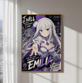 The image is a poster featuring an anime-style illustration of a young woman with long, white hair and a purple outfit. The poster has a dark, dramatic color scheme with purple and black accents. The text on the poster includes phrases such as "I WILL PROTECT EVERYTHING I LOVE!", "The girl who BEARS THE HOPE", and "EMILIA".