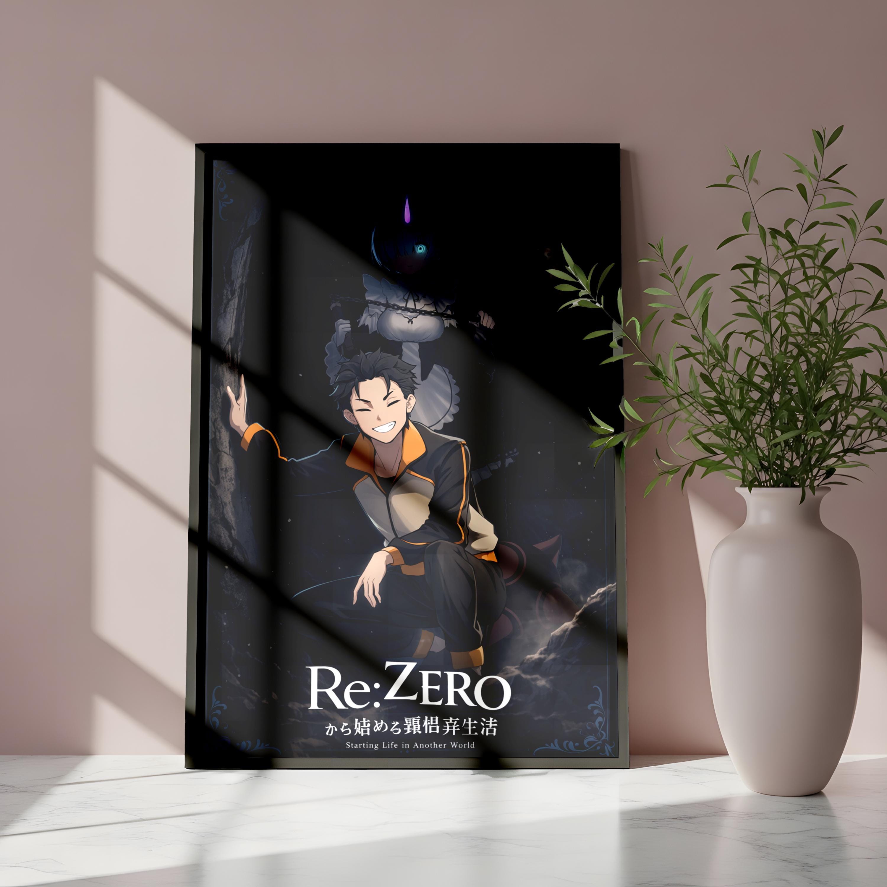 a poster of a character from the anime series Re:ZERO, which is displayed on a wall next to a potted plant.