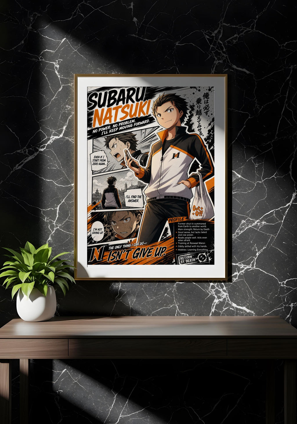 The image is a framed poster featuring an anime-style illustration of a character named Subaru Natsuaki. The poster has a black and white color scheme and includes text and various visual elements, such as speech bubbles and facial expressions. The poster is displayed on a wall, and there is a potted plant to the left of the frame.