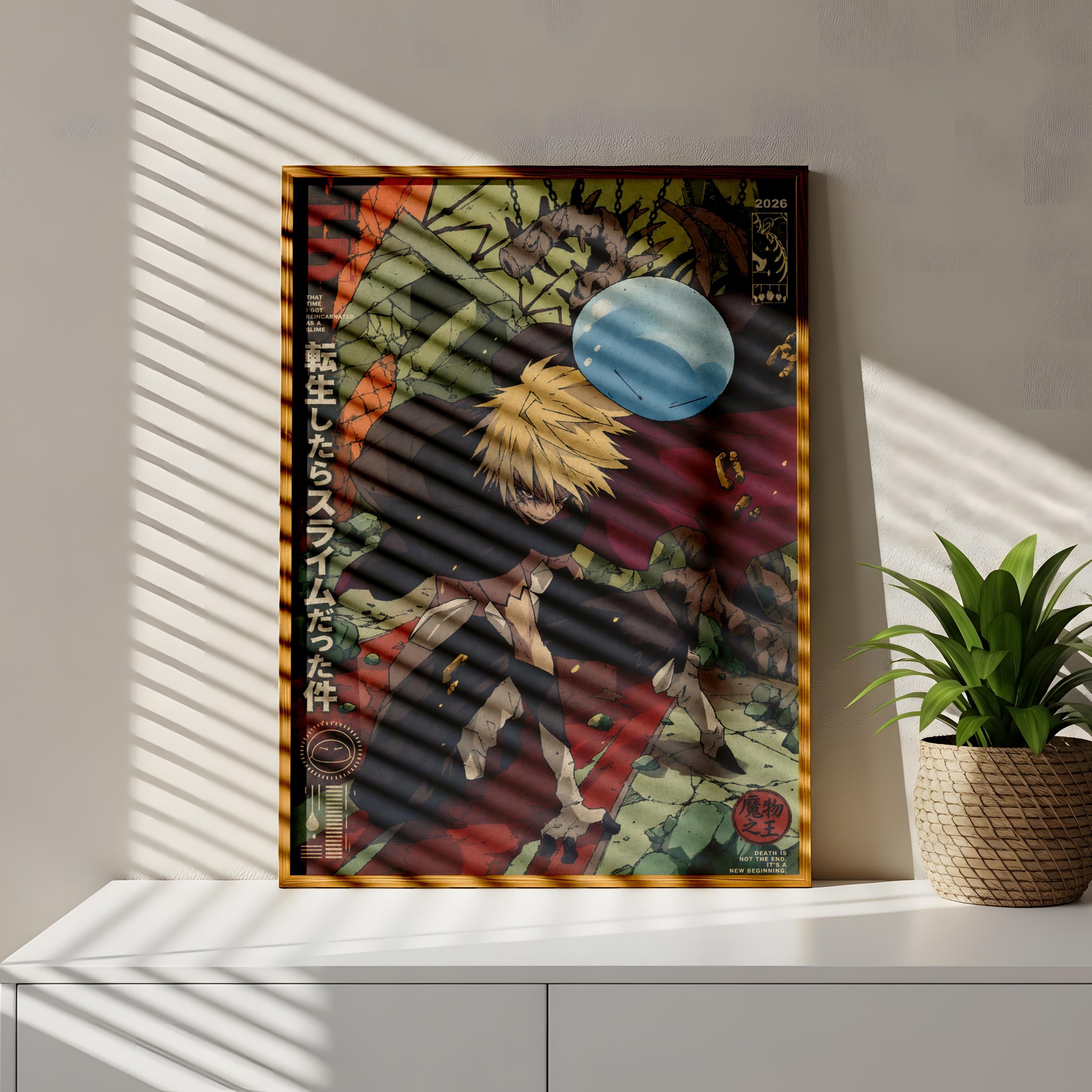 a framed poster of an anime-style character with a blue balloon in the background.