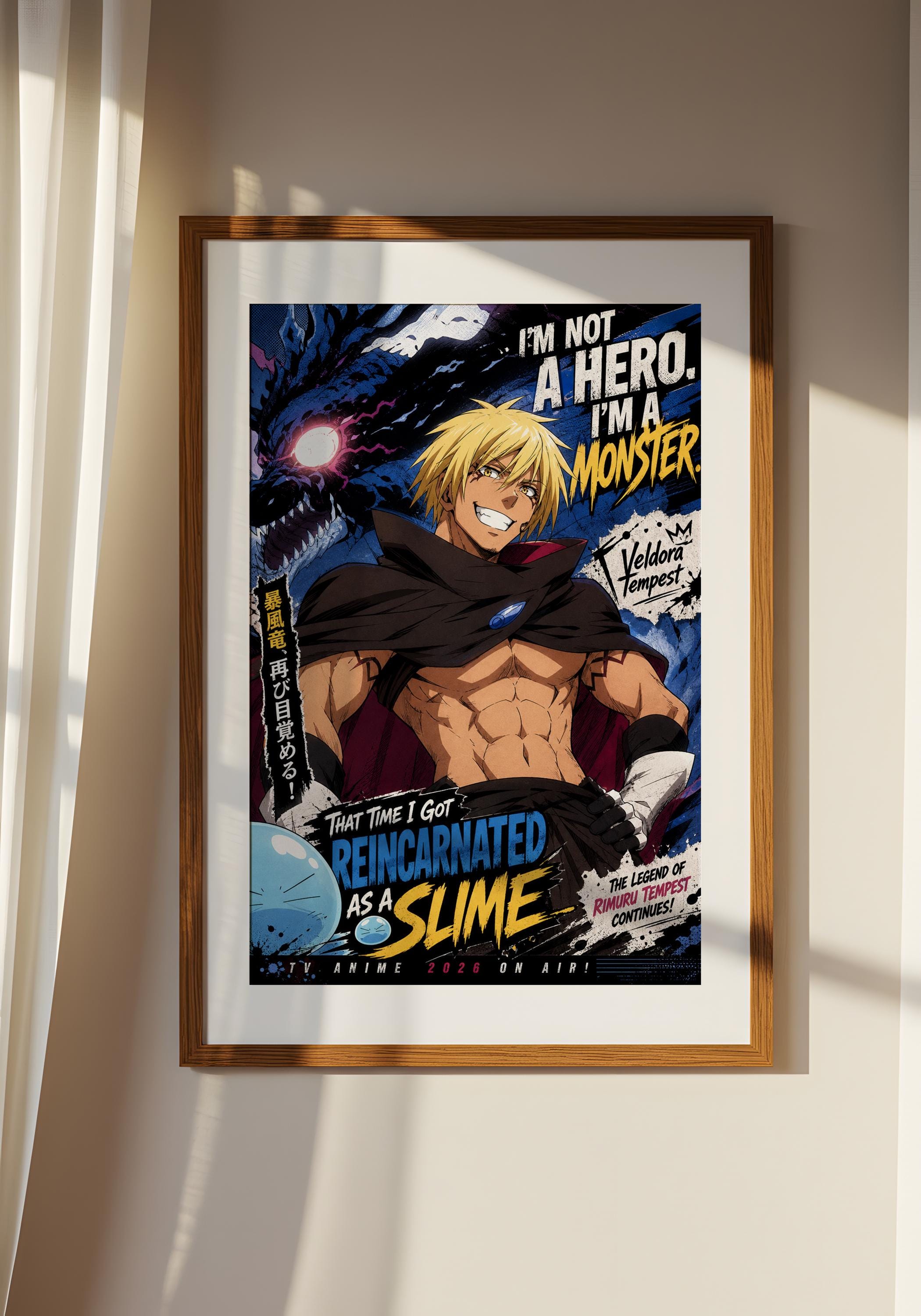 The image is a framed poster featuring an anime character with a muscular build and blonde hair. The poster has a dark, dramatic background with various text elements and imagery related to the anime.