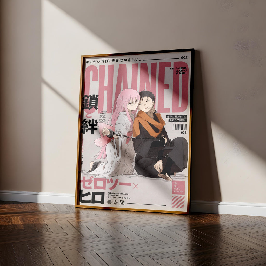 The image is a framed poster of an anime cover featuring two characters, one with pink hair and the other with dark hair, sitting together. The poster has a pink and black color scheme and includes Japanese text.