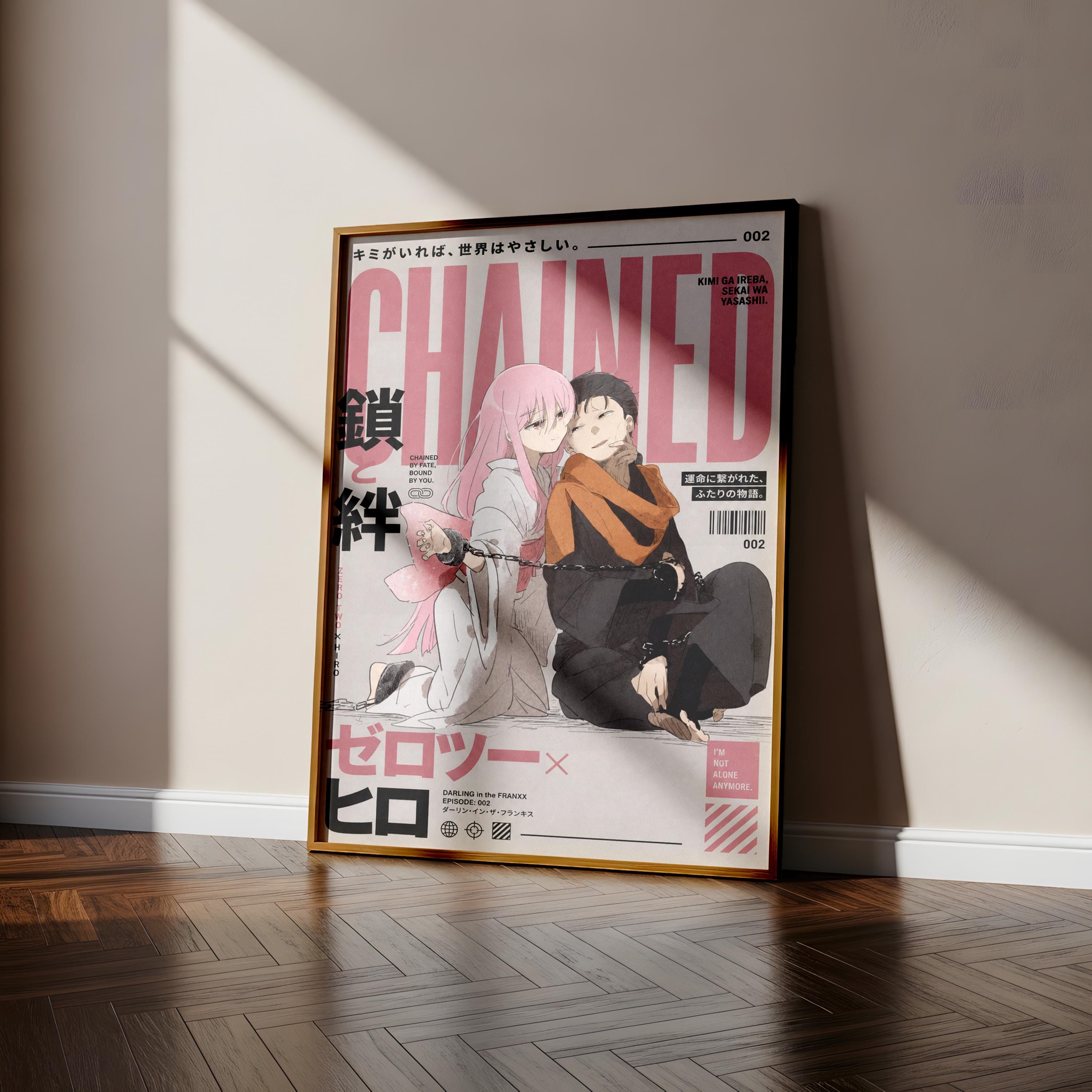 The image is a framed poster of an anime cover featuring two characters, one with pink hair and the other with dark hair, sitting together. The poster has a pink and black color scheme and includes Japanese text.