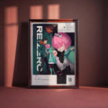 The image is a framed poster featuring an anime-style illustration of three characters, with a pink-haired character prominently displayed. The poster has a dark background and includes text and numbers, suggesting it is a promotional or informational poster related to the anime.