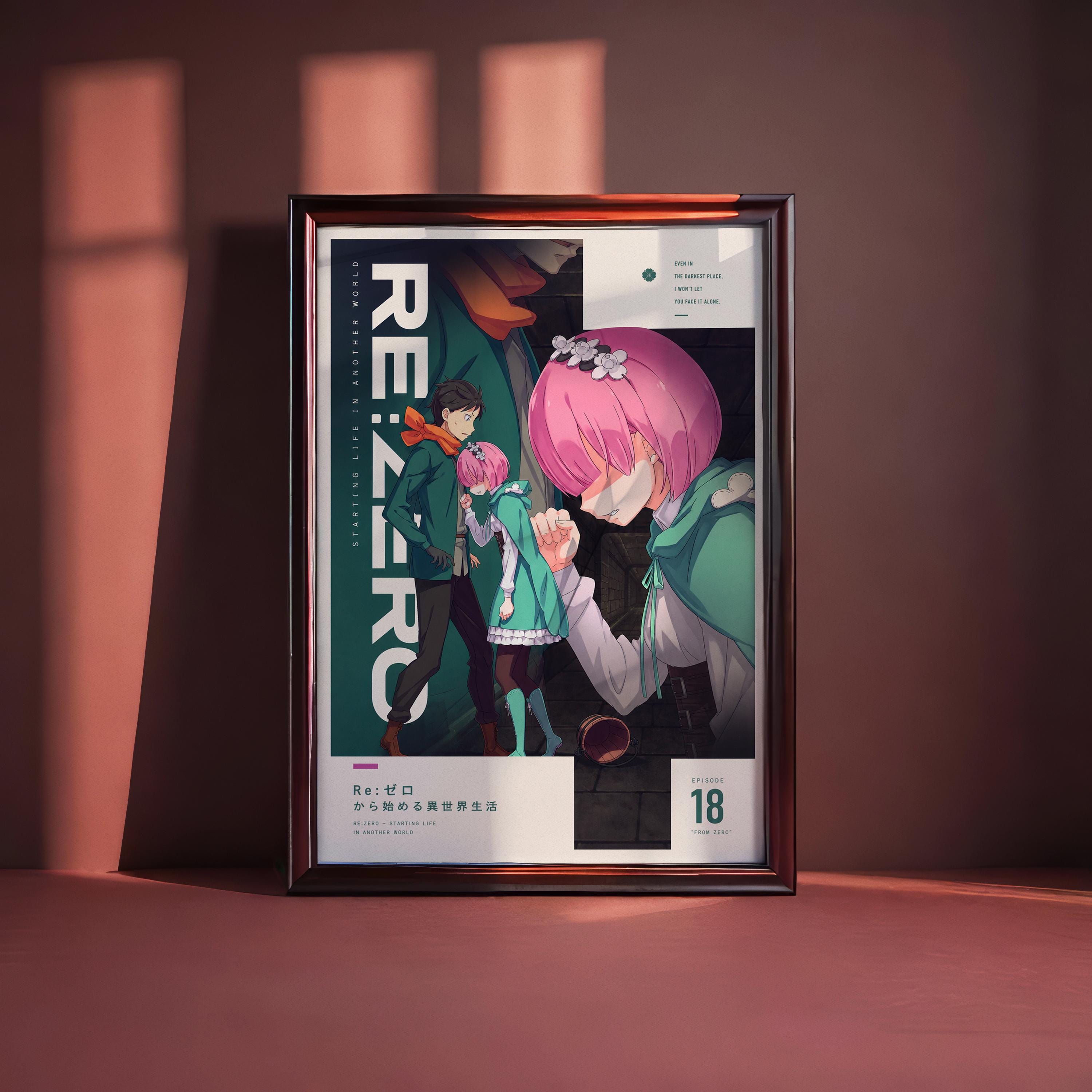 The image is a framed poster featuring an anime-style illustration of three characters, with a pink-haired character prominently displayed. The poster has a dark background and includes text and numbers, suggesting it is a promotional or informational poster related to the anime.