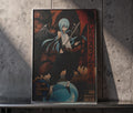 The image is a framed poster featuring an anime-style illustration of a character with blue hair and wings, holding a sword and standing in a dark, ominous setting.