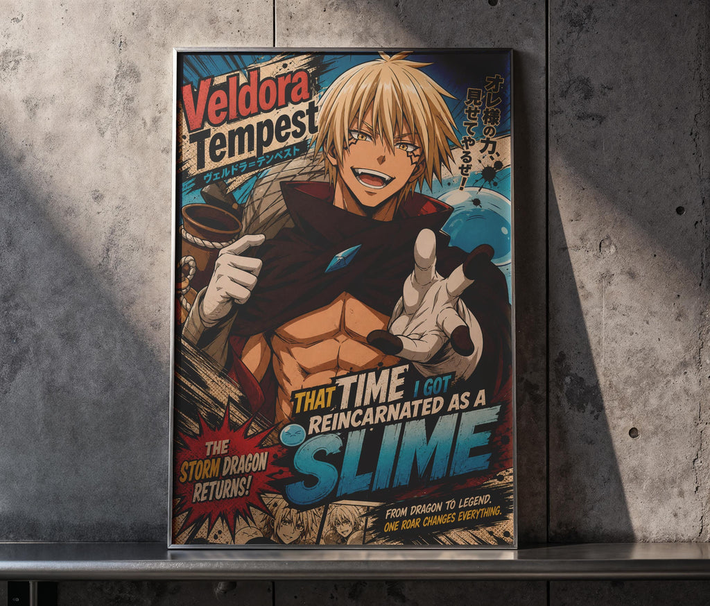 The image is a poster featuring an anime-style illustration of a muscular, blond-haired character with a dragon-like appearance. The poster has a colorful, comic-like design with various elements such as text, graphics, and a stormy background.
