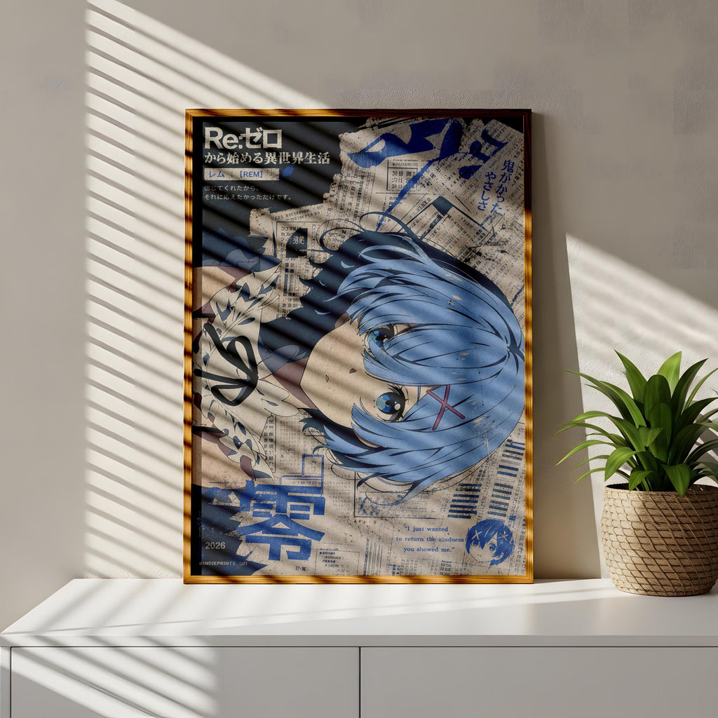 a framed poster with an anime-style illustration of a character with blue hair and a black outfit. The poster is displayed on a white wall, and there is a potted plant to the right of the poster.