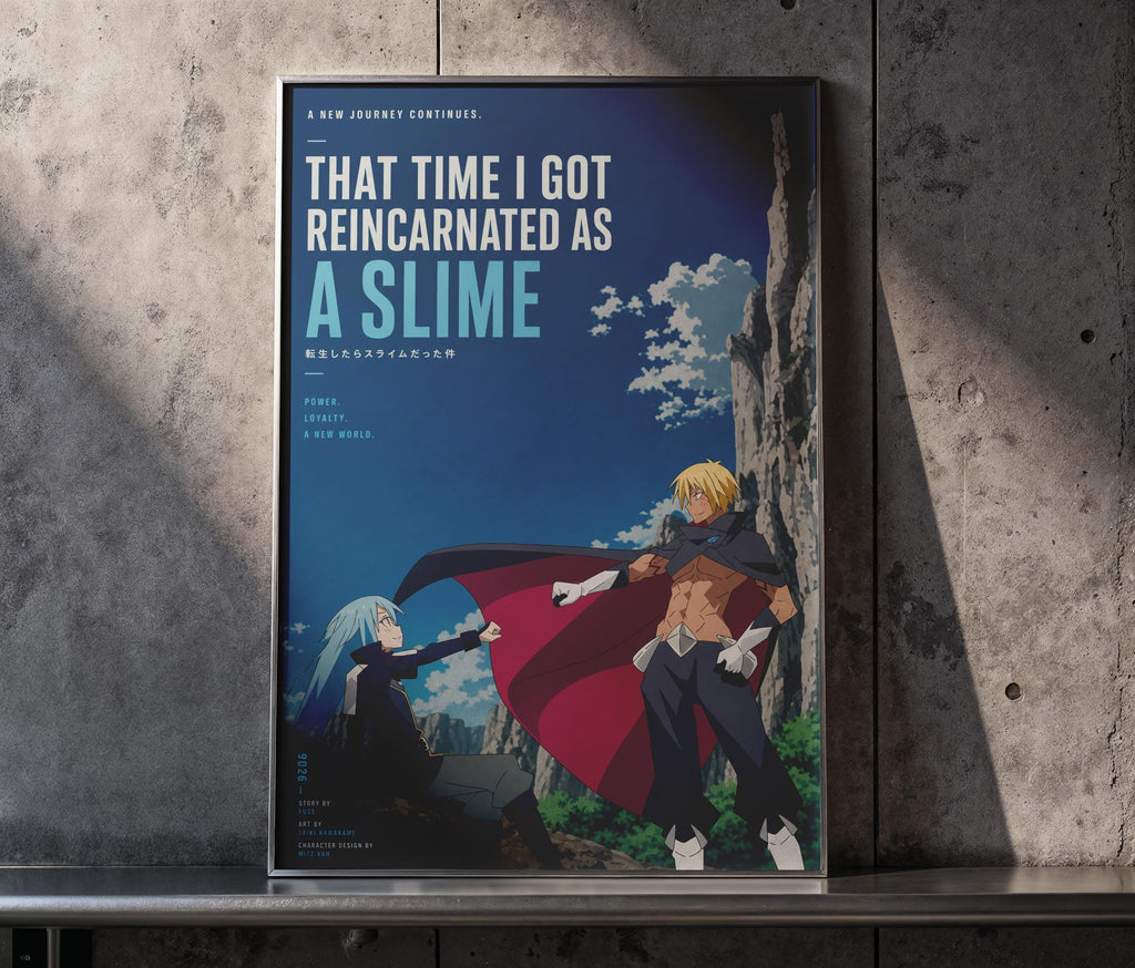 The image is a poster featuring two characters, one with blue hair and the other with blonde hair, standing in a mountainous landscape. The poster has a blue background with white text and an illustration of the characters.