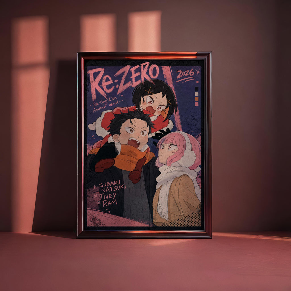 The image is a framed poster featuring three animated characters, likely from an anime or manga series. The characters are shown in a stylized, colorful manner, with one character wearing a scarf. The poster appears to be a promotional or artistic representation of the characters and the series.