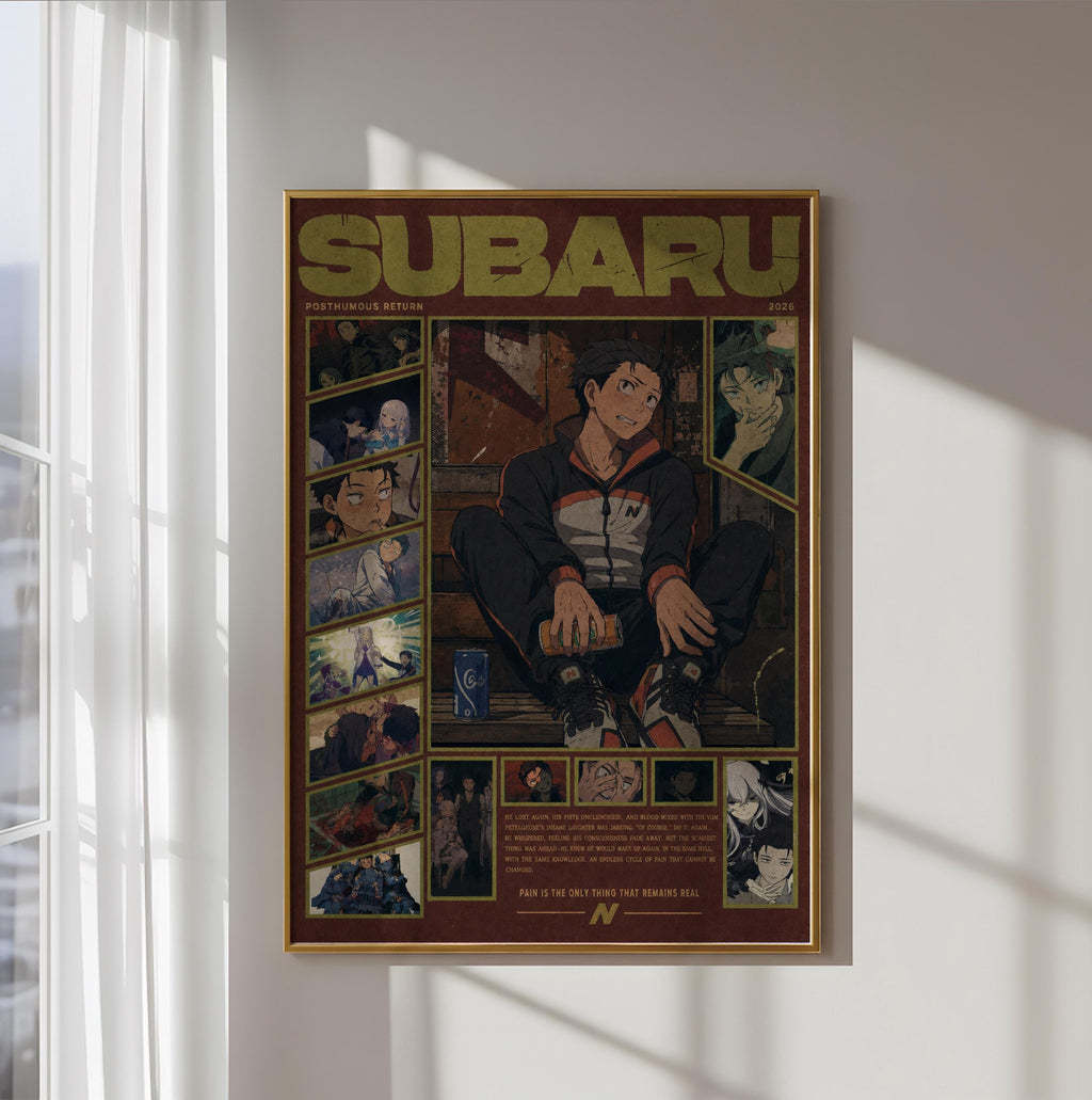 The image is a framed poster featuring an illustration of a person, likely a character from a movie or anime series, with various smaller images surrounding the central figure.