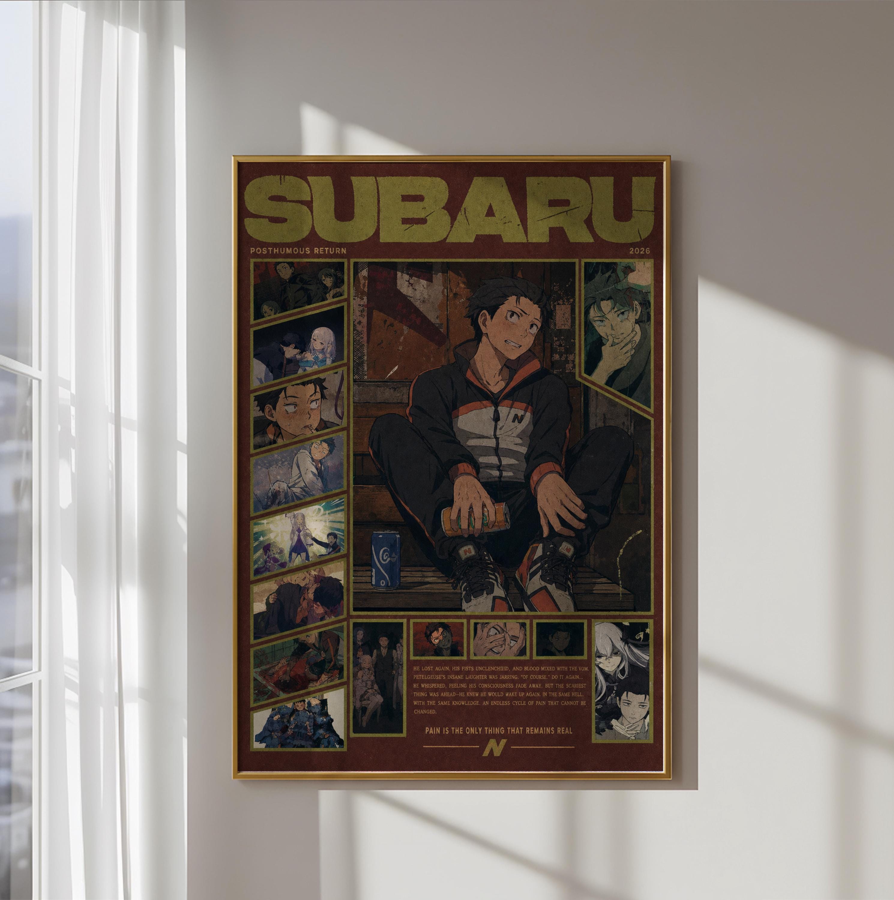The image is a framed poster featuring an illustration of a person, likely a character from a movie or anime series, with various smaller images surrounding the central figure.