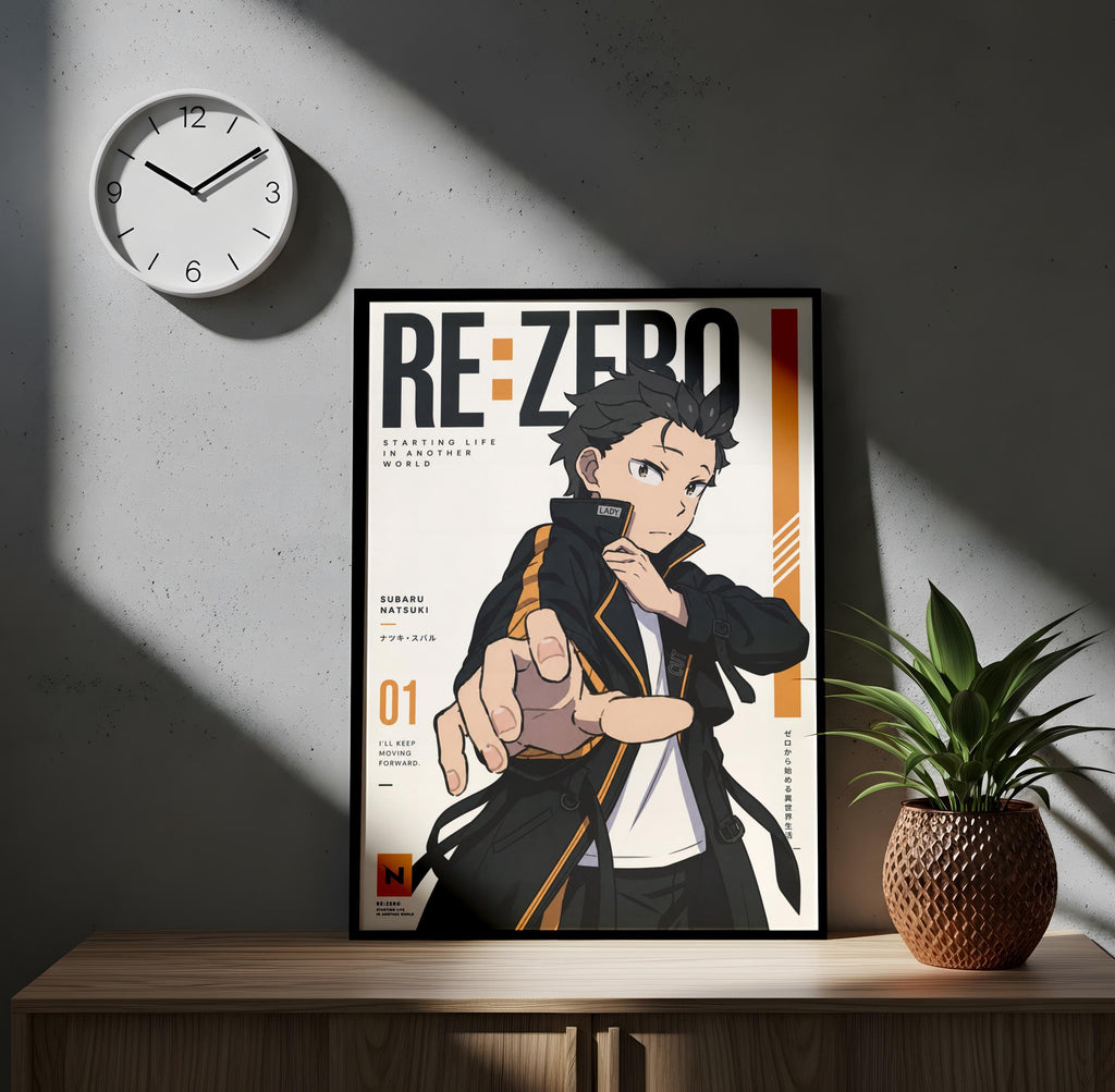 a poster of an anime character, with a clock on the wall above it.