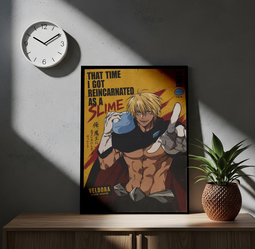 a poster of a muscular man with blonde hair, wearing a black outfit, and holding a weapon. The poster is framed and displayed on a wall, with a clock and a potted plant nearby.