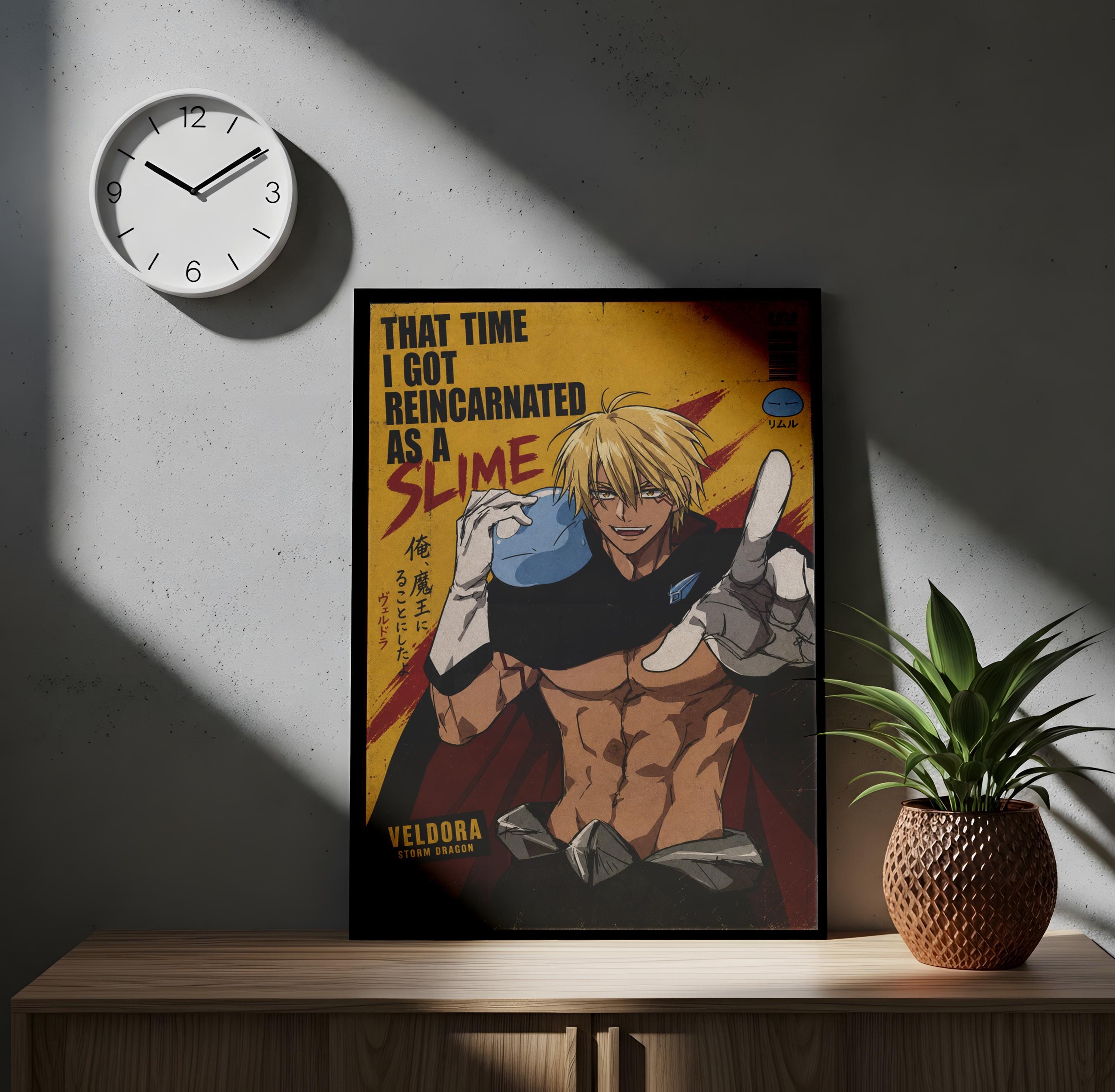 a poster of a muscular man with blonde hair, wearing a black outfit, and holding a weapon. The poster is framed and displayed on a wall, with a clock and a potted plant nearby.