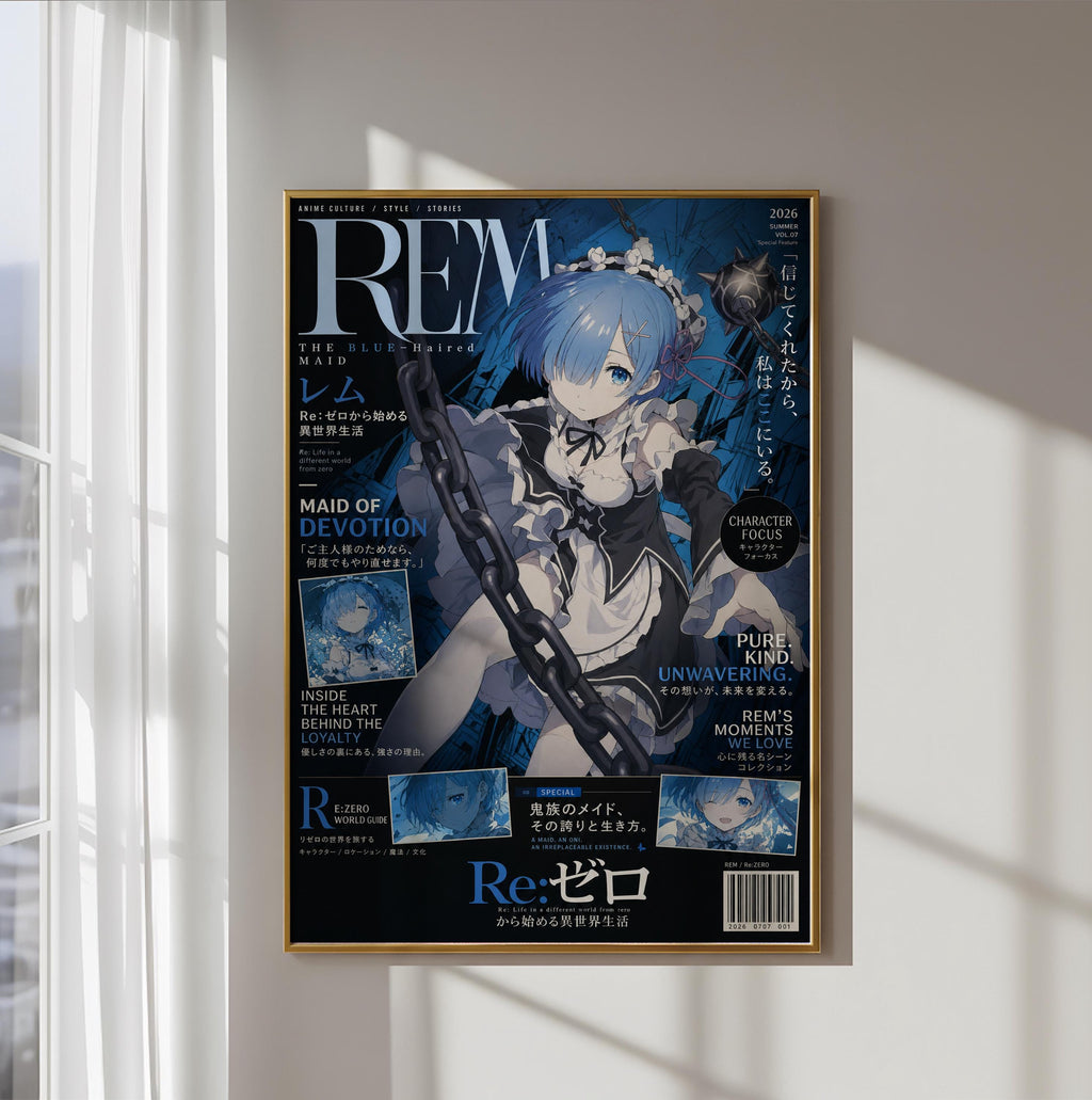 The image is a poster featuring an anime-style illustration of a character with blue hair and a white dress, surrounded by various text elements.