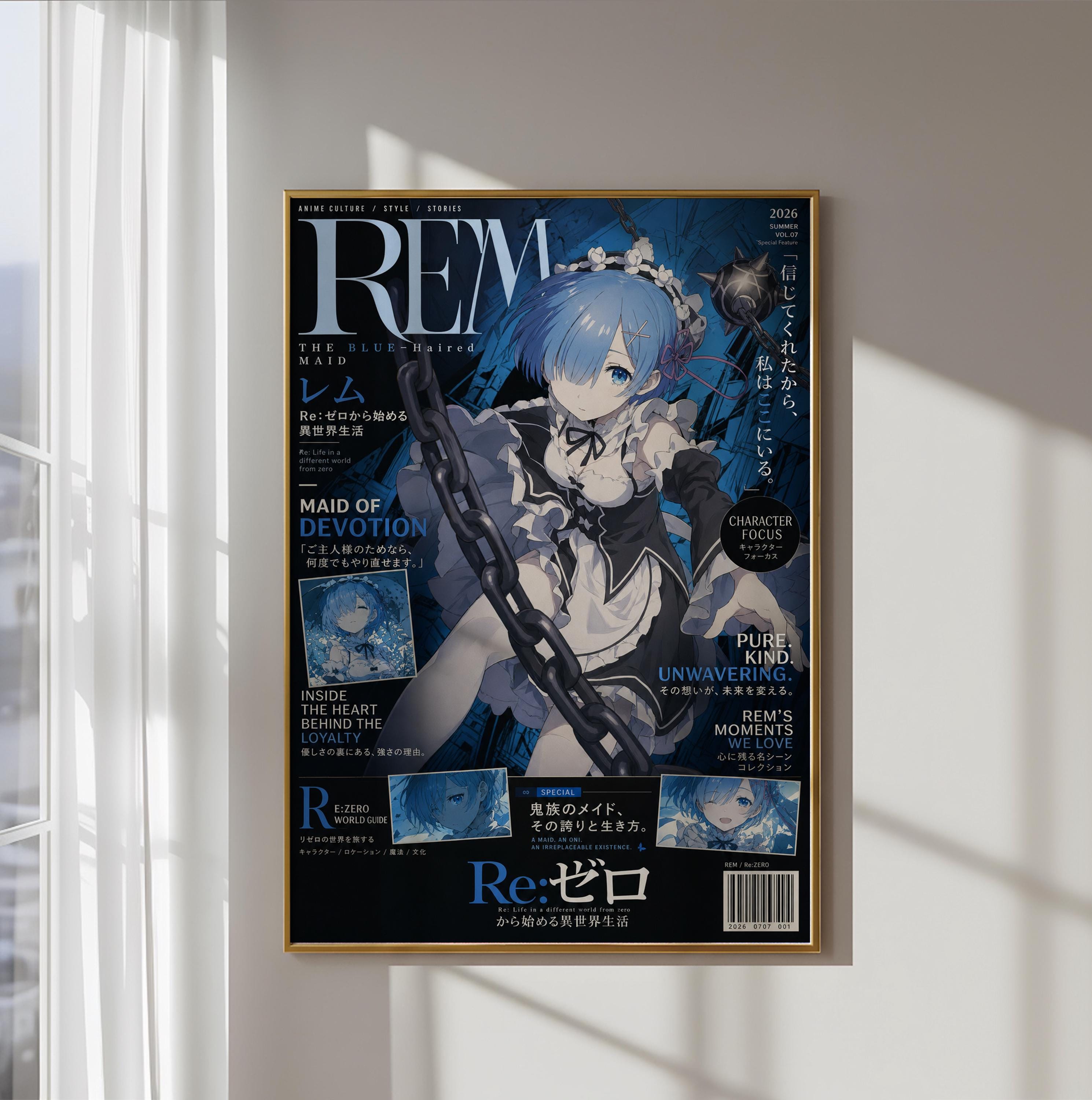 The image is a poster featuring an anime-style illustration of a character with blue hair and a white dress, surrounded by various text elements.