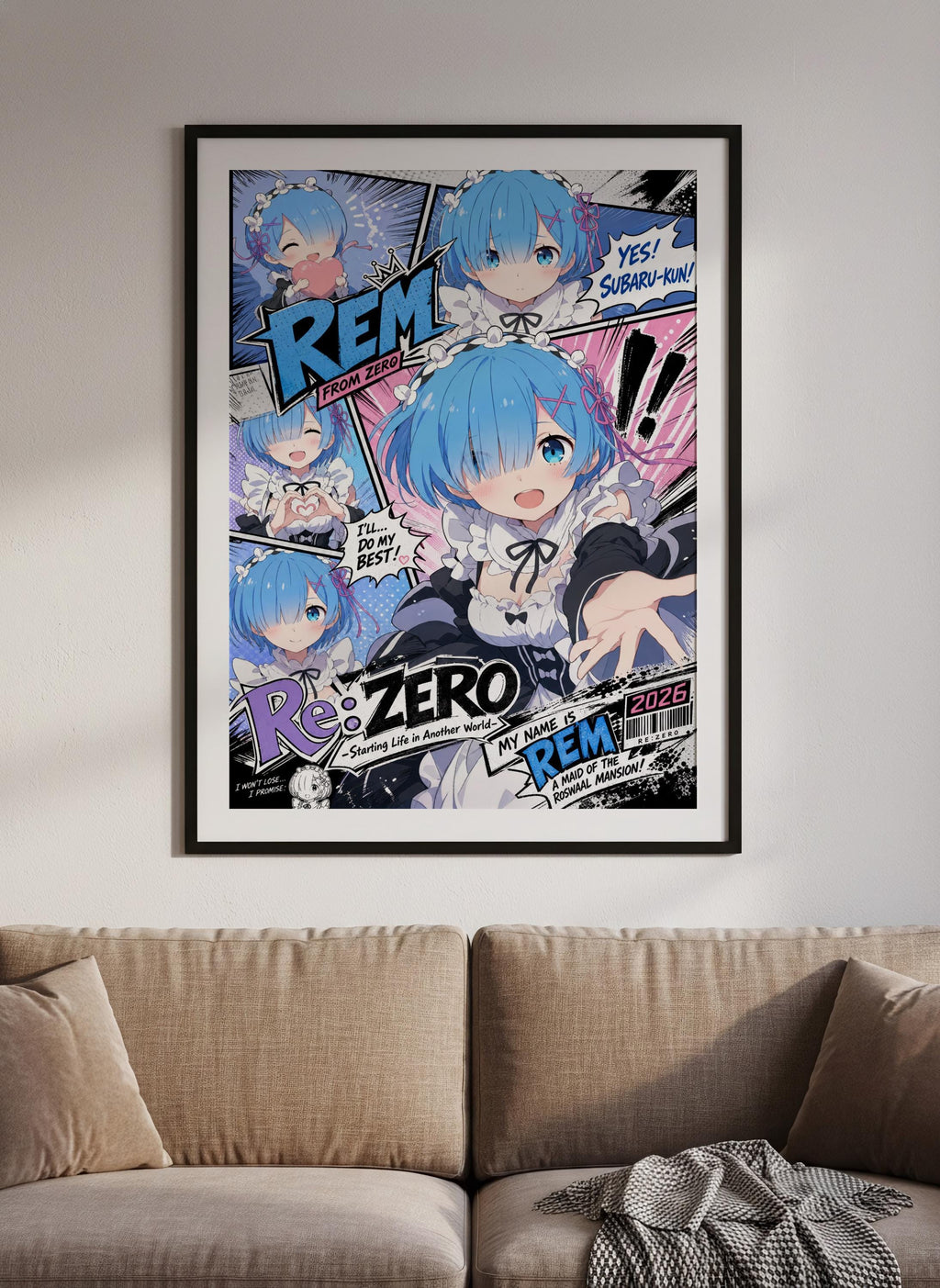The image is a framed poster featuring a collage of anime-style characters, including a blue-haired girl with a surprised expression, and various other characters in different poses and expressions.