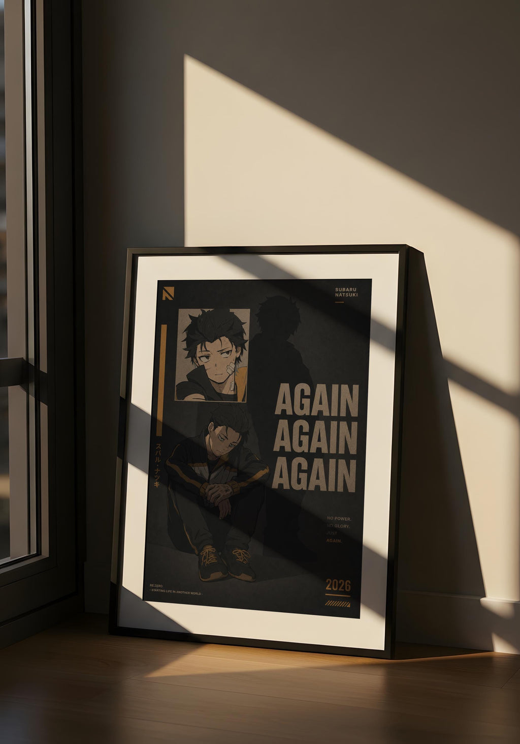 The image is a framed poster with an illustration of a person and the text "AGAIN AGAIN AGAIN" prominently displayed.