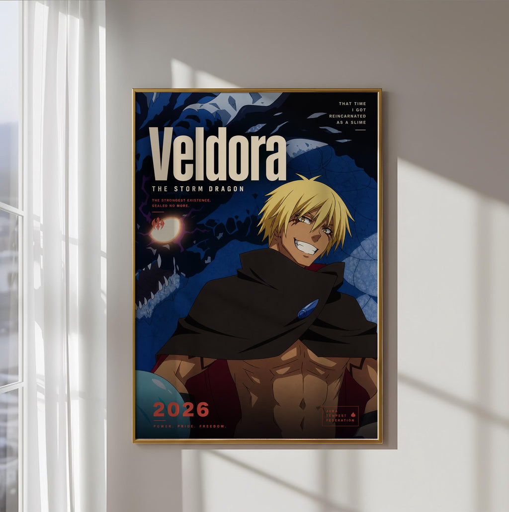 The image is a poster featuring an anime character with a dragon in the background. The character is wearing a cape and has a serious expression on their face. The poster is framed and hangs on a wall.