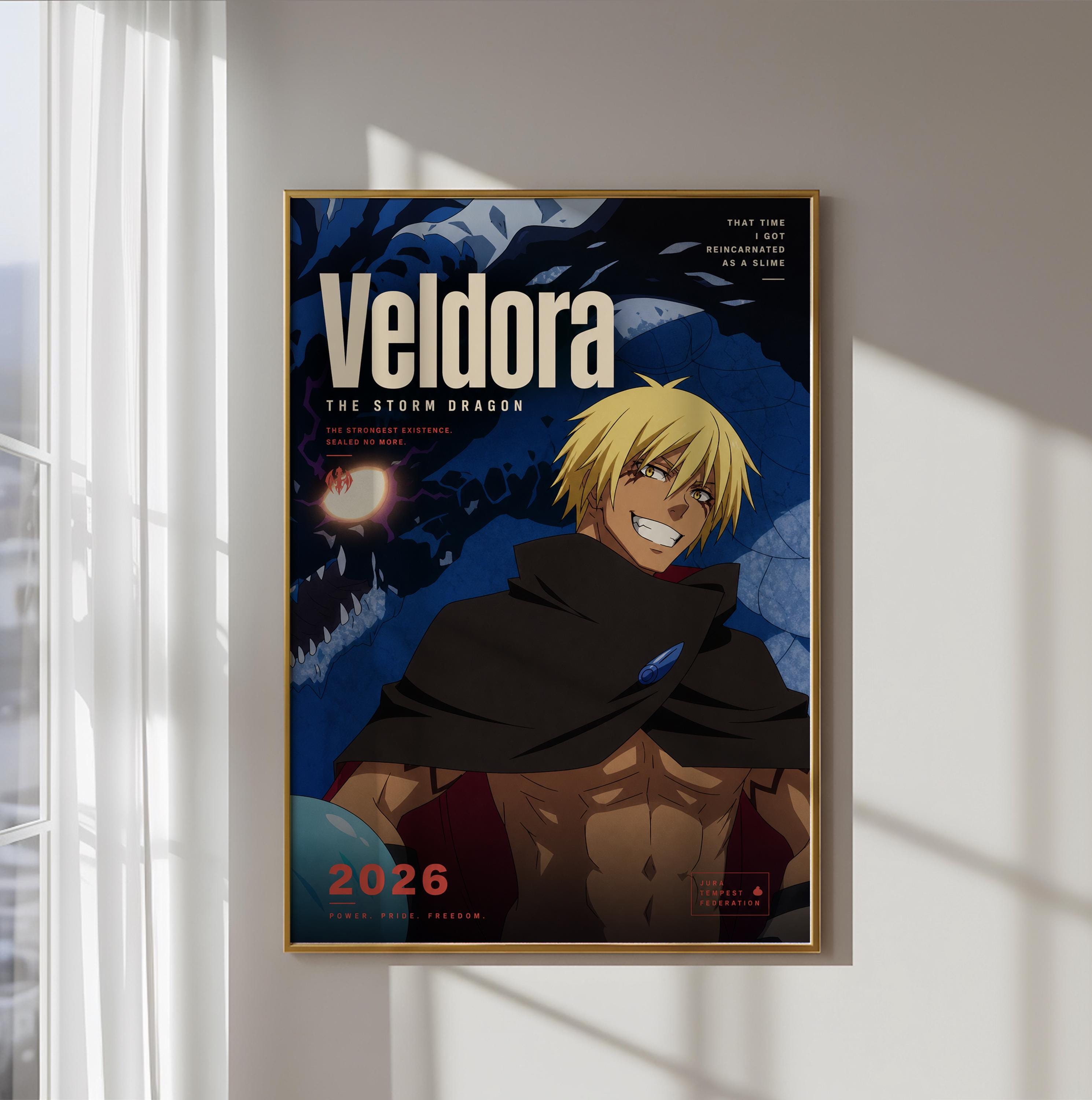 The image is a poster featuring an anime character with a dragon in the background. The character is wearing a cape and has a serious expression on their face. The poster is framed and hangs on a wall.