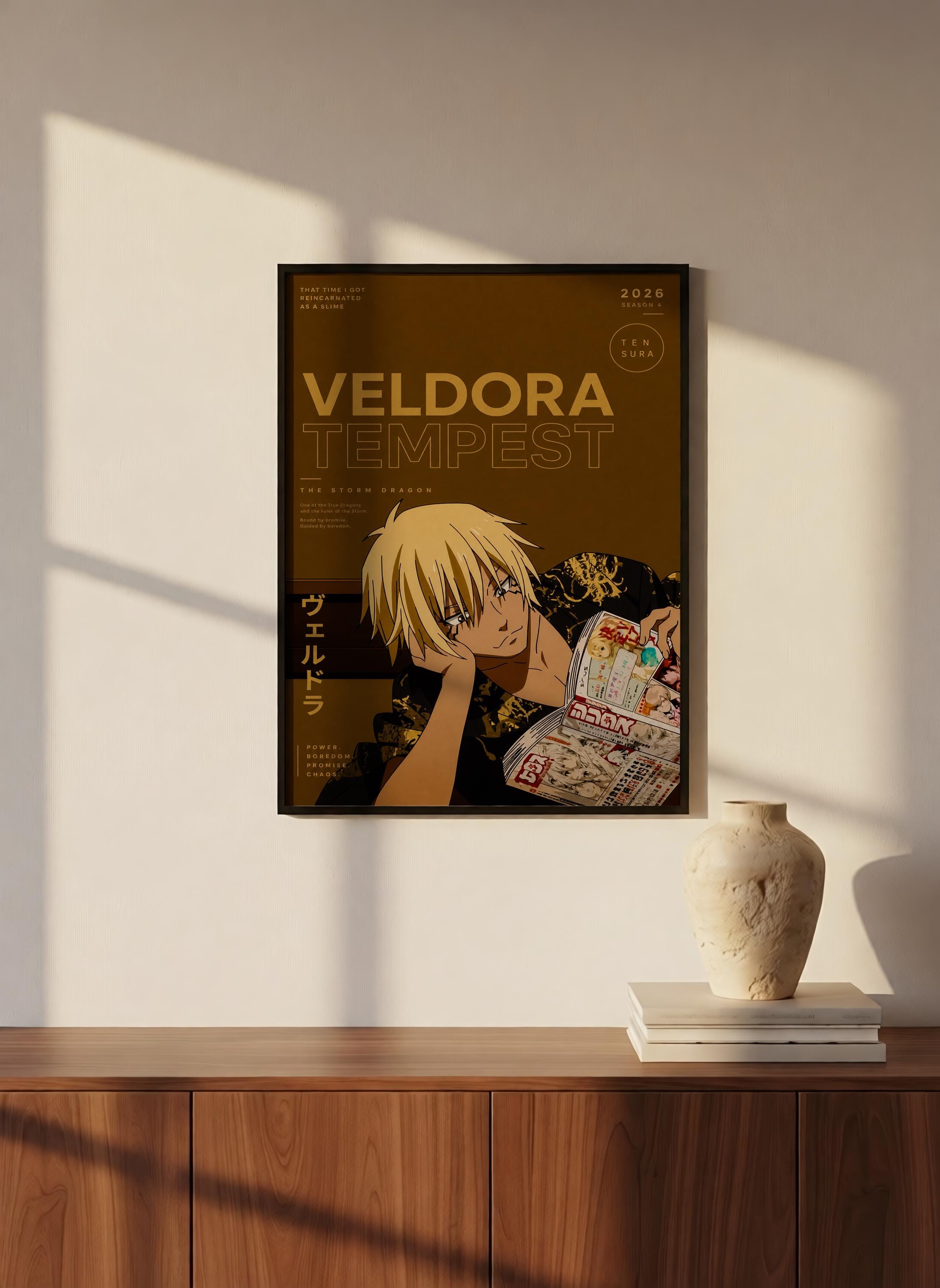 a poster of a young man with blonde hair, wearing a black and gold outfit, and the text "Veledora TEMPEST" prominently displayed.
