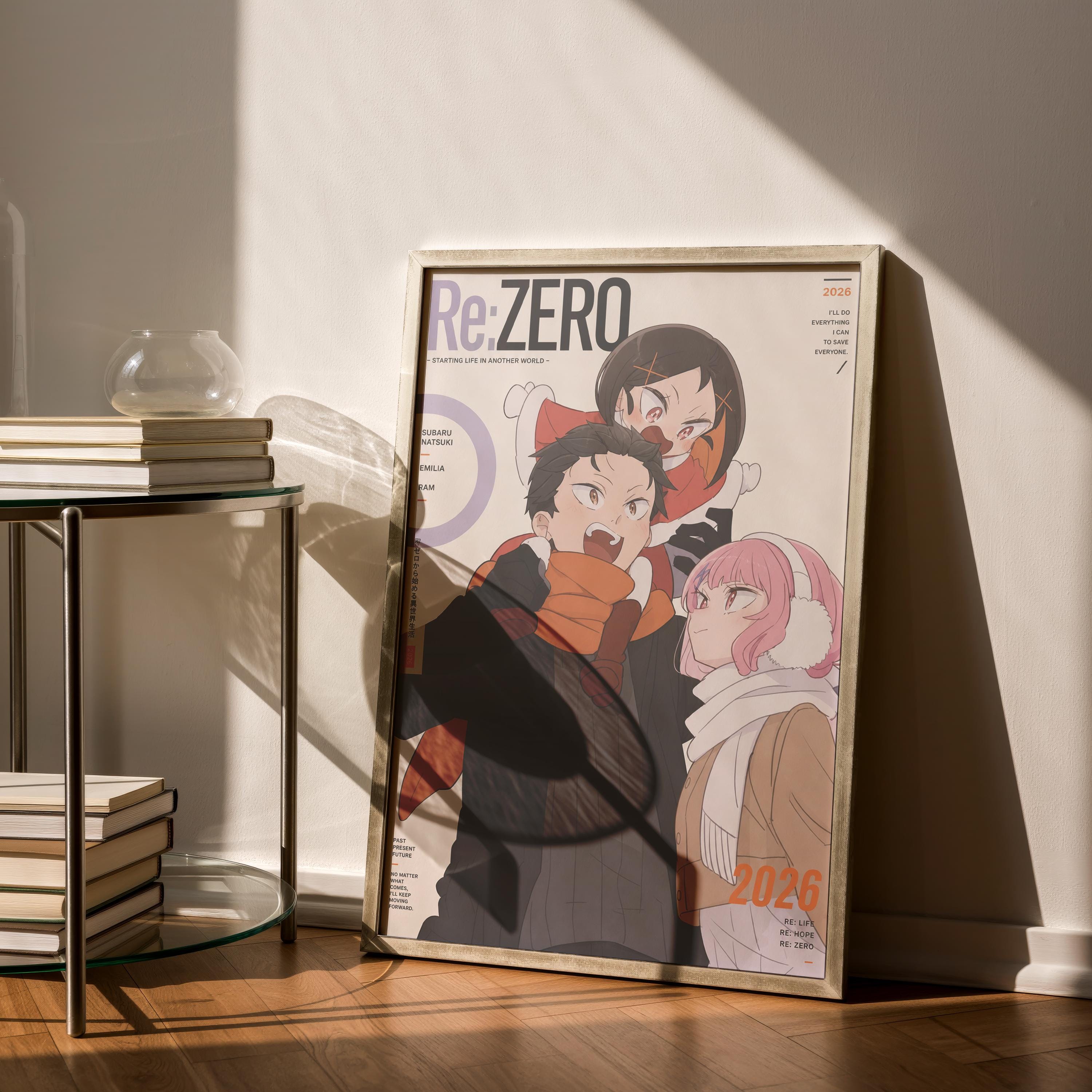 a framed poster of three cartoon characters, including a man, a woman, and a child, standing together. The poster is placed on a table next to a stack of books and a glass object.