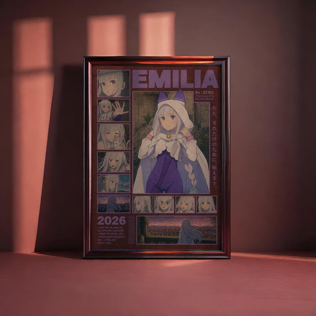 The image is a framed poster featuring a collage of multiple images depicting a young girl with a purple outfit.